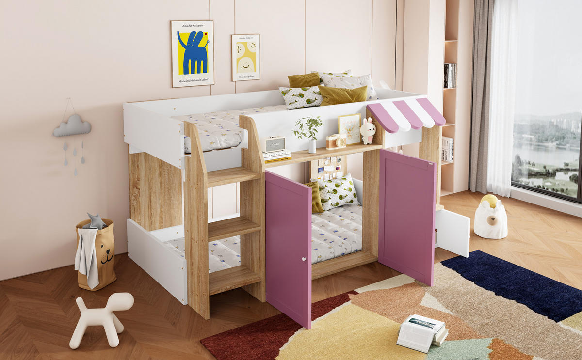 HOCHBETT 90x200 cm Haus Leiter Stauraum - Rosa, Holz (90/200cm) - LEBENLANG