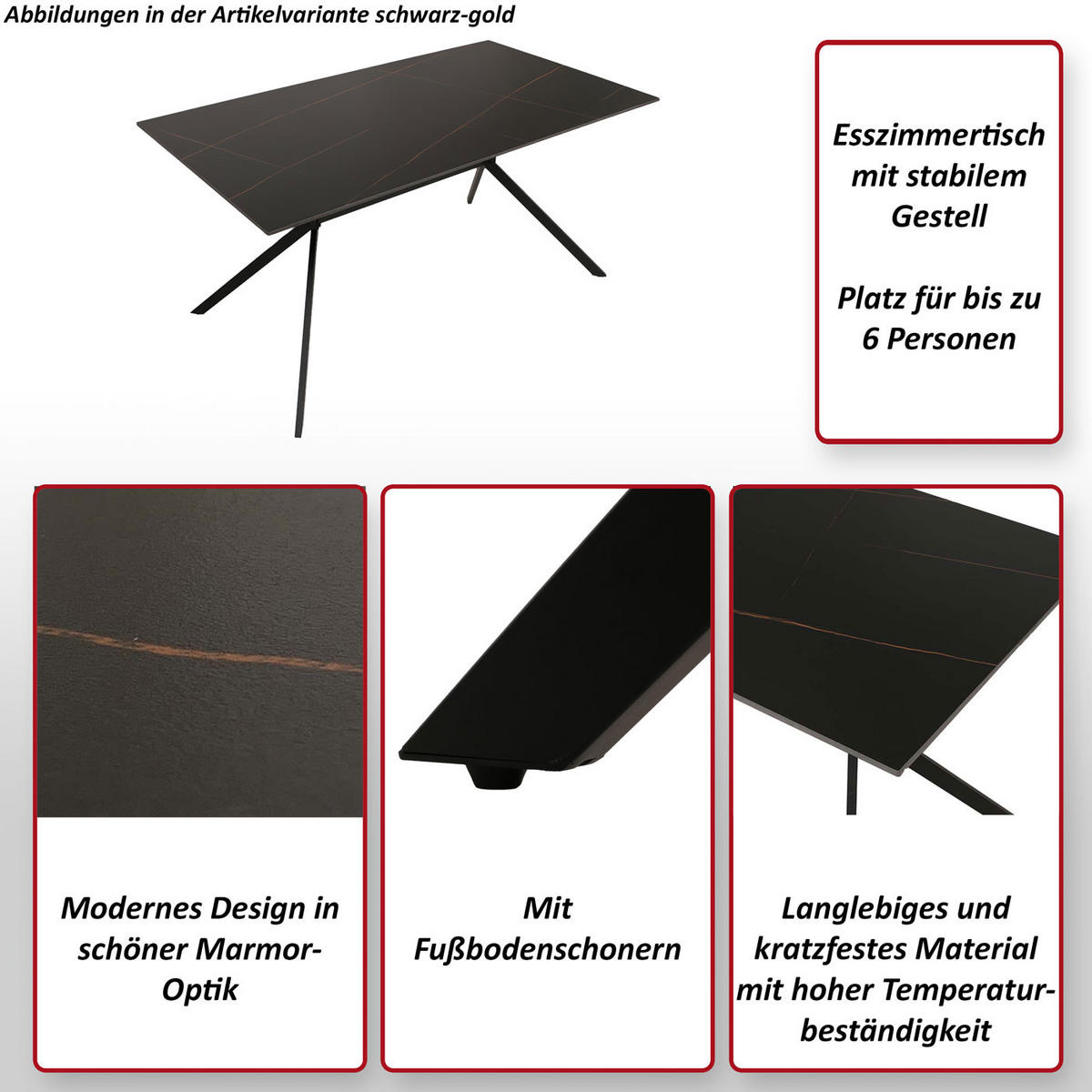 ESSZIMMERTISCH eckig Schwarz - Schwarz, Stein (90/160/76cm) - MCW