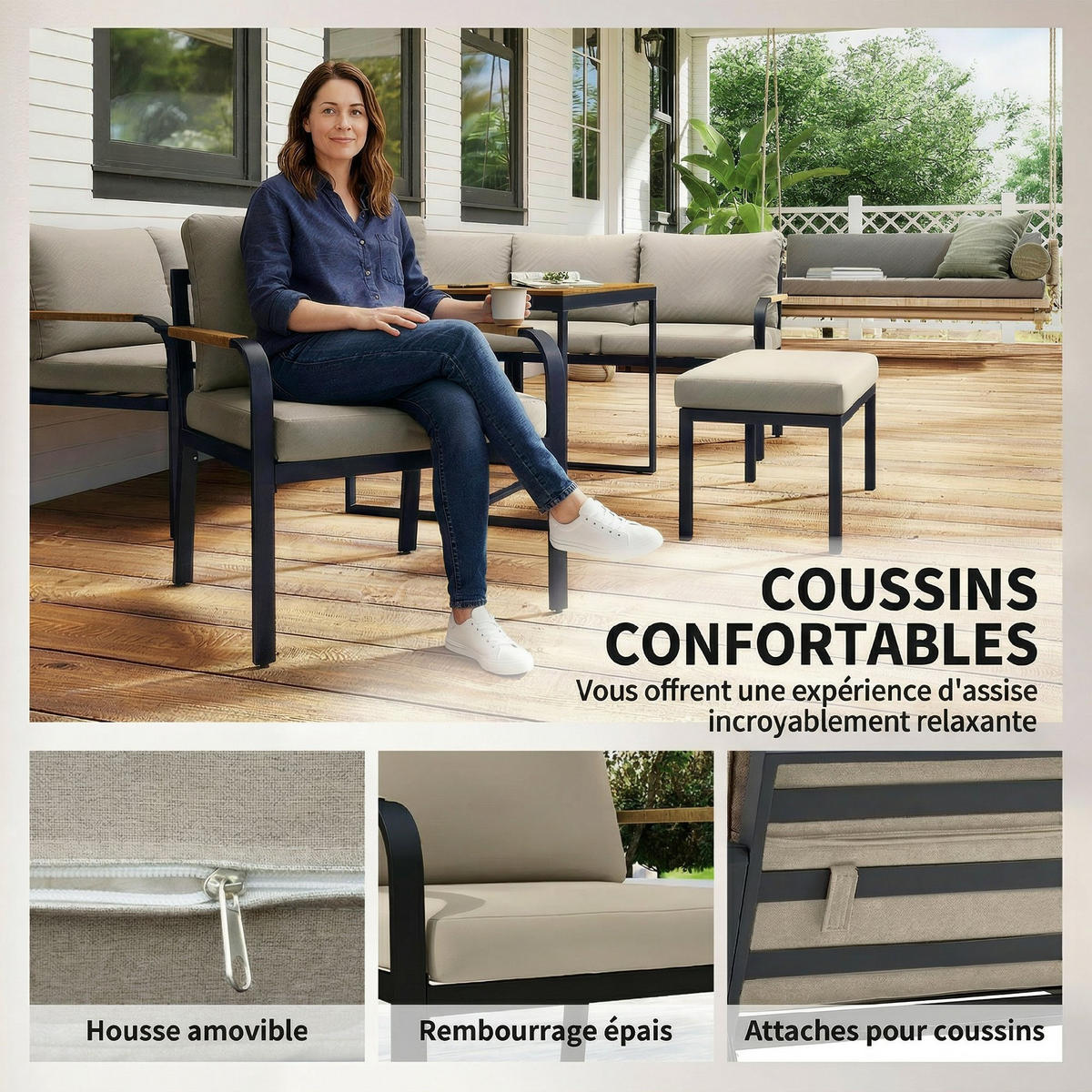 GARTENLOUNGE-SET 7tlg DE-13711 modular mit WPC-Tisch Beige & Grau - Mokka, Metall - ComfortXL