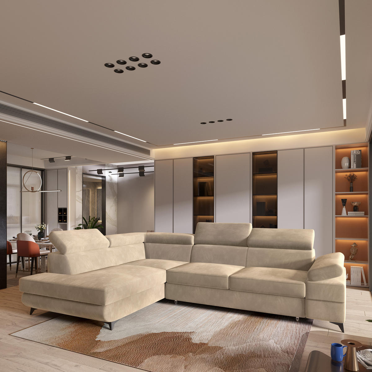 ECKSOFA FAVIEN L-S Creme Velours-Stoff mit Schlaffunktion - Creme, Holz (257/190cm) - MASSENO