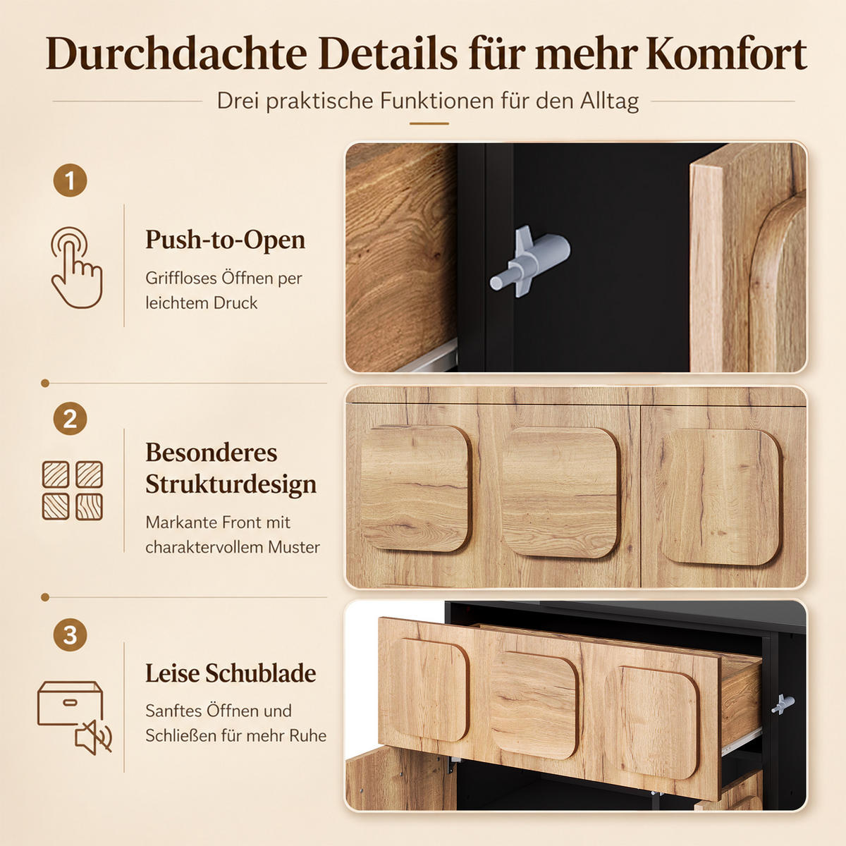 SIDEBOARD mit 3D-Front, flexible/L-Form, 3 Türen 1 Schublade, Holzoptik, Schwarz - Schwarz, Holzwerkstoff (107.5/83.5/35cm) - LVHOM
