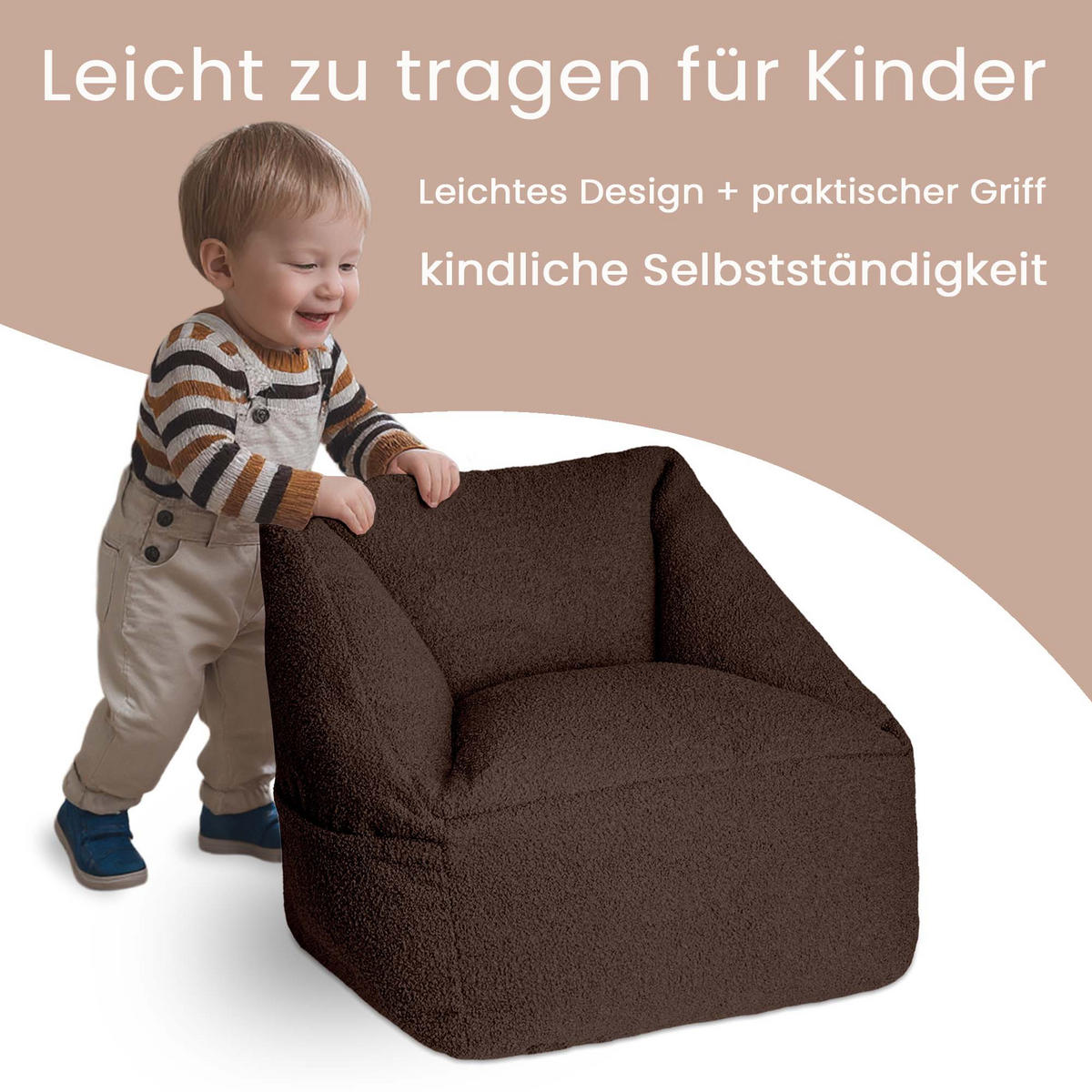 SITZSACK-SESSEL Bambino 55/60/55 cm, weicher Bouclé 315 g/m², mit Griff & Seitentasche, Dunkelbraun - Dunkelbraun, Textil (55/55/60cm) - Dreamroots