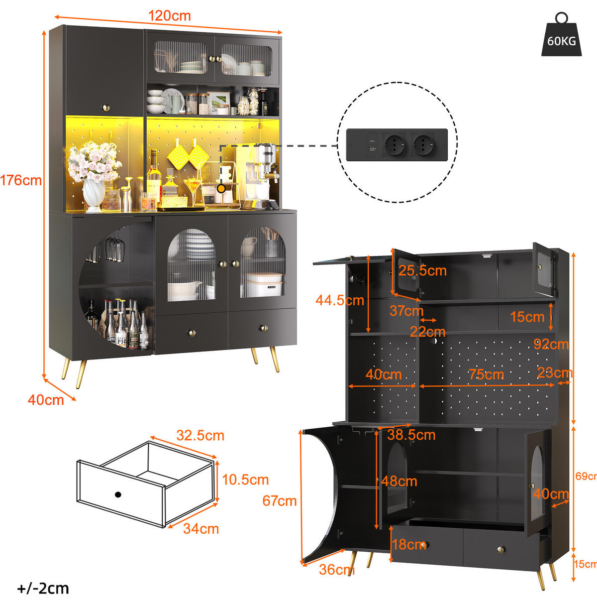 ANRICHTE 120/40/176 cm in Schwarz mit LED-Beleuchtung und USB-Anschlüssen - Schwarz, Holzwerkstoff (120/176/40cm) - Flora Grace