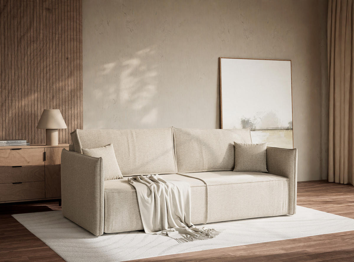 SOFA MIT SCHLAFFUNKTION Obra Beige Webstoff - Beige/Schwarz, Holz/Holzwerkstoff (220/70/107cm) - Maison de Reve