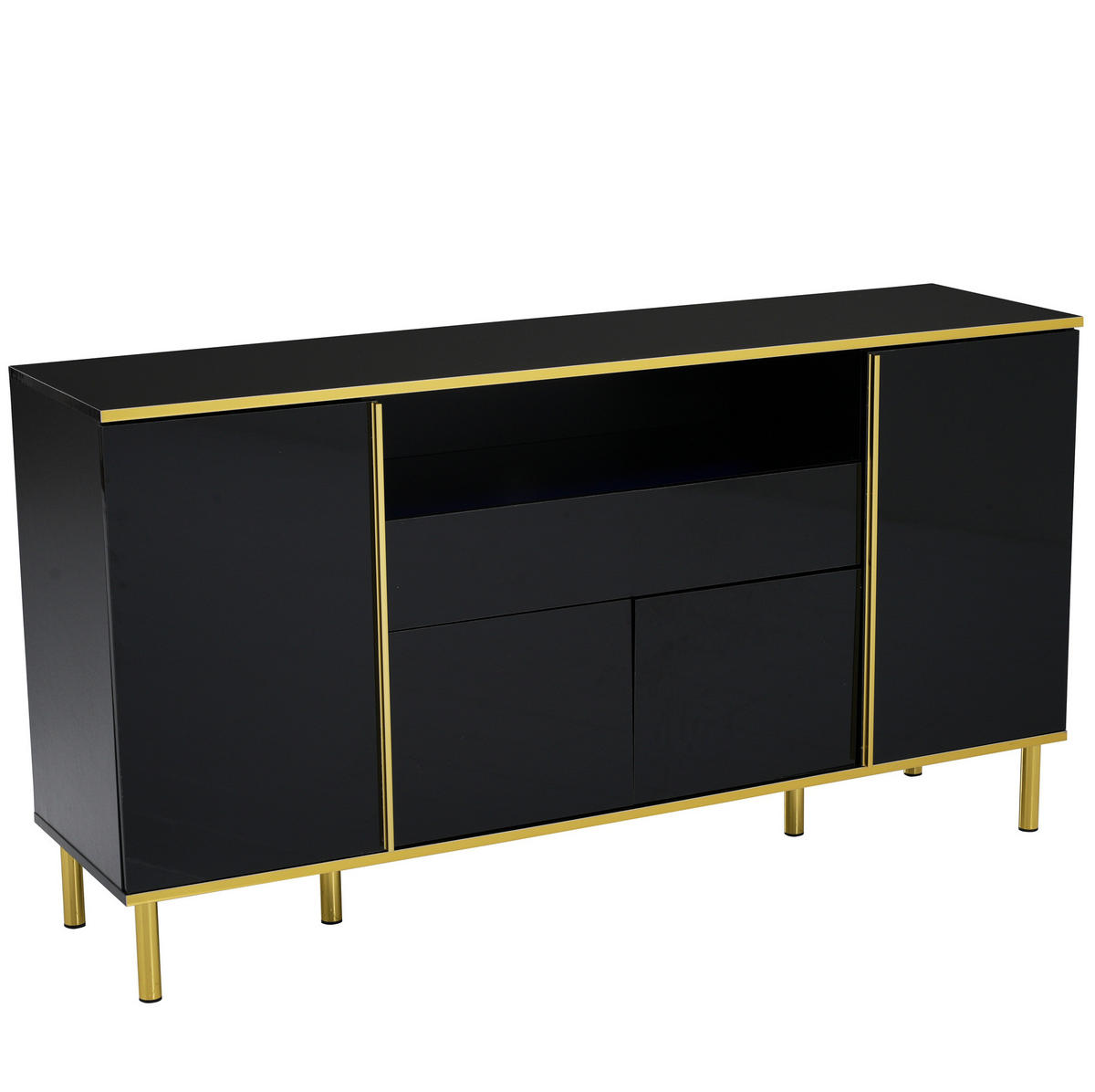 SIDEBOARD in Hochglanz Schwarz mit goldenen Akzenten, 4 Türen, 1 Schublade und LED-Beleuchtung, 150/40/80 cm, Schwarz - Schwarz, Holzwerkstoff (150/80/40cm) - Redom