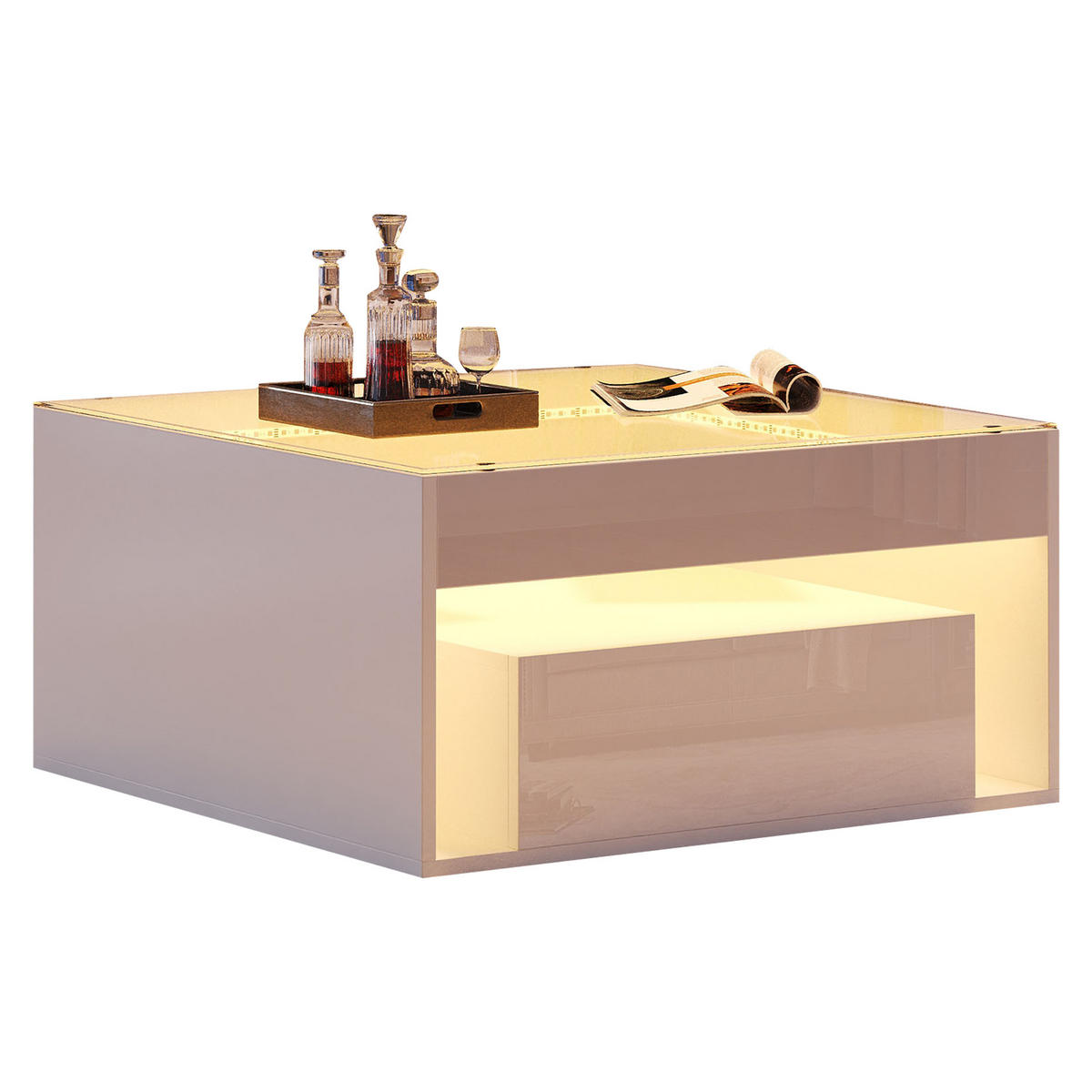 COUCHTISCH Weiß mit LED 2 Schubladen 70/70/35 cm - Weiß, Glas/Holzwerkstoff (70/70/35cm)