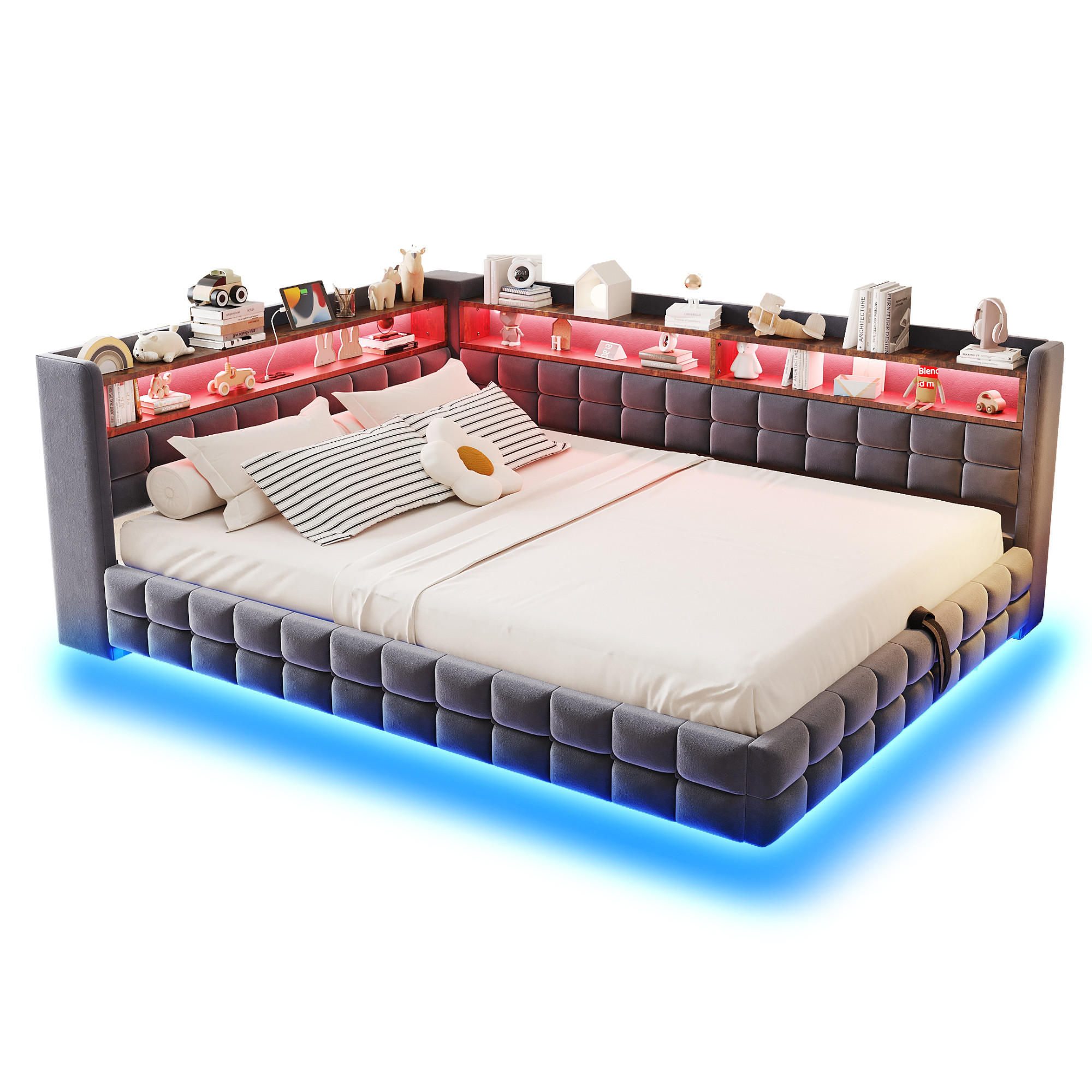SCHLAFSOFA mit Stauraum und LED 140x200 cm Samt Grau - Grau, Metall (140/200cm) - Meubliv