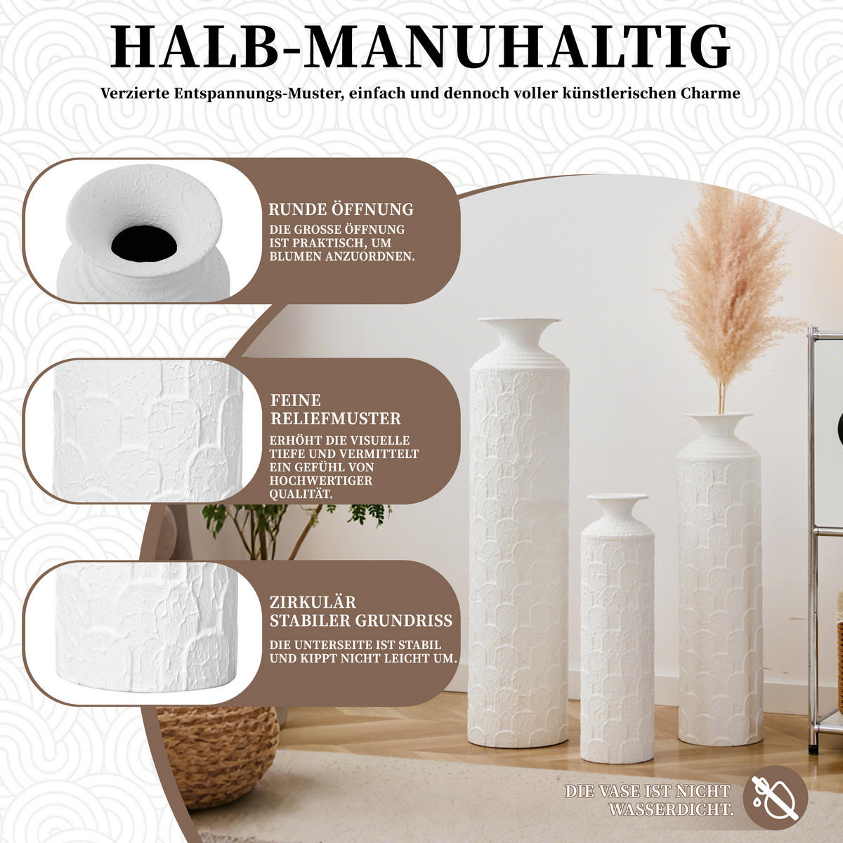 BODENVASE 3-tlg 50/65/85cm Bodenvasen-Set Handgefertigte Stehvasen Groß Metall Weiß - Weiß, Metall (91.88cm) - Raelunyi