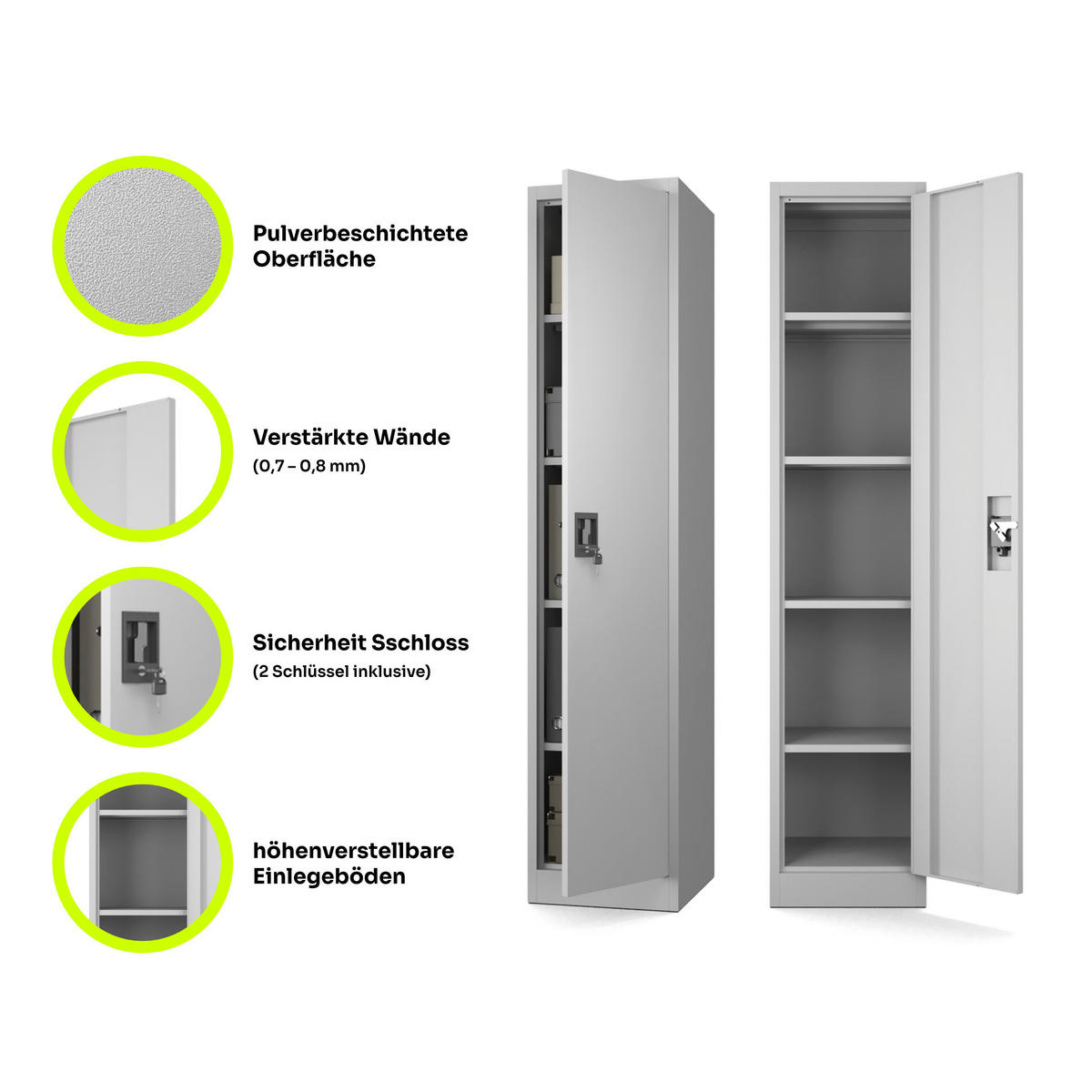 AKTENSCHRANK mit 4 Einlegeböden Hellgrau Stahl 40x185x45cm - Hellgrau, Metall (40/185/45cm) - Muralo