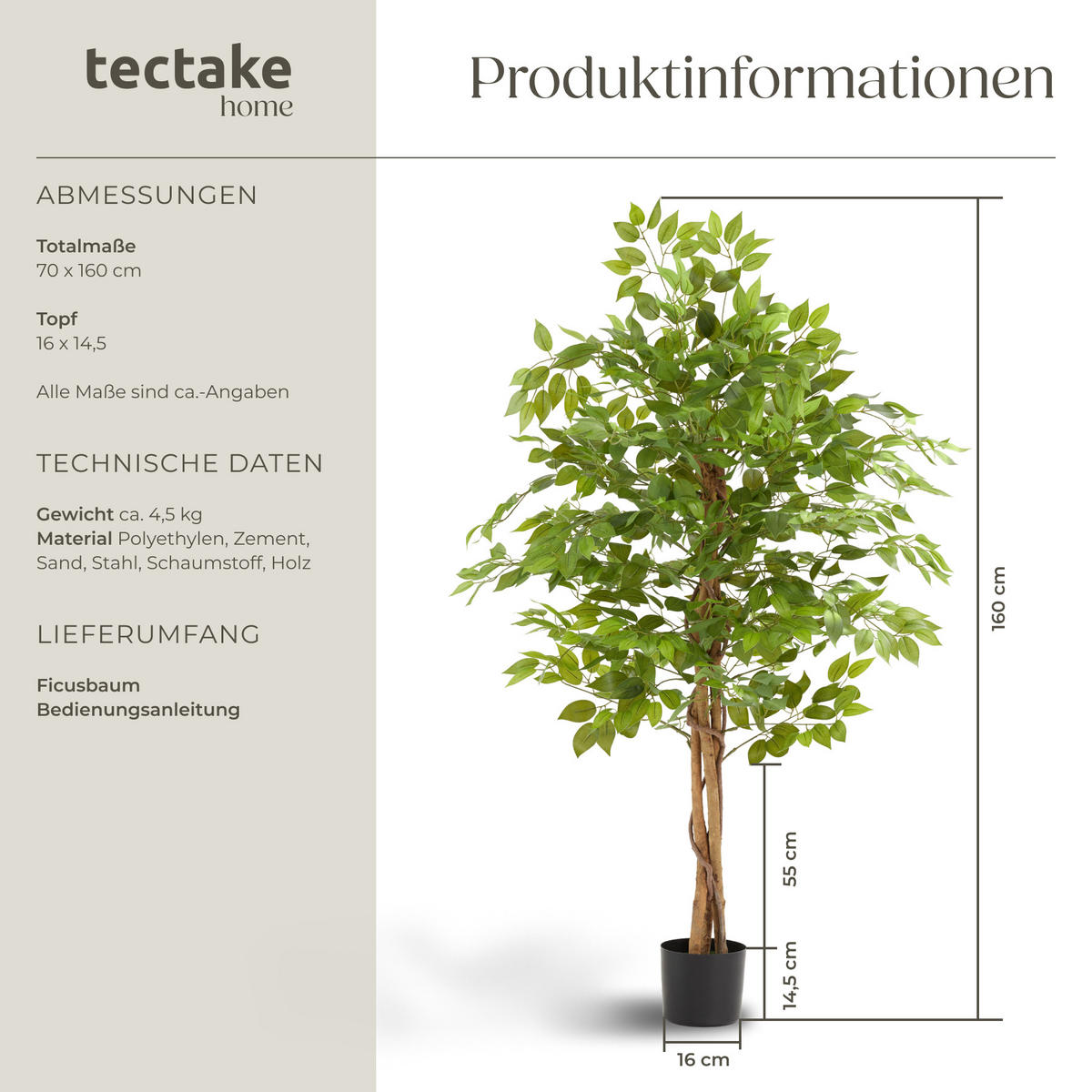KÜNSTLICHER-FICUSBAUM Fida,stabiler Kunststoff-Blumentopf,grün - Grün, Kunststoff (160cm) - tectake