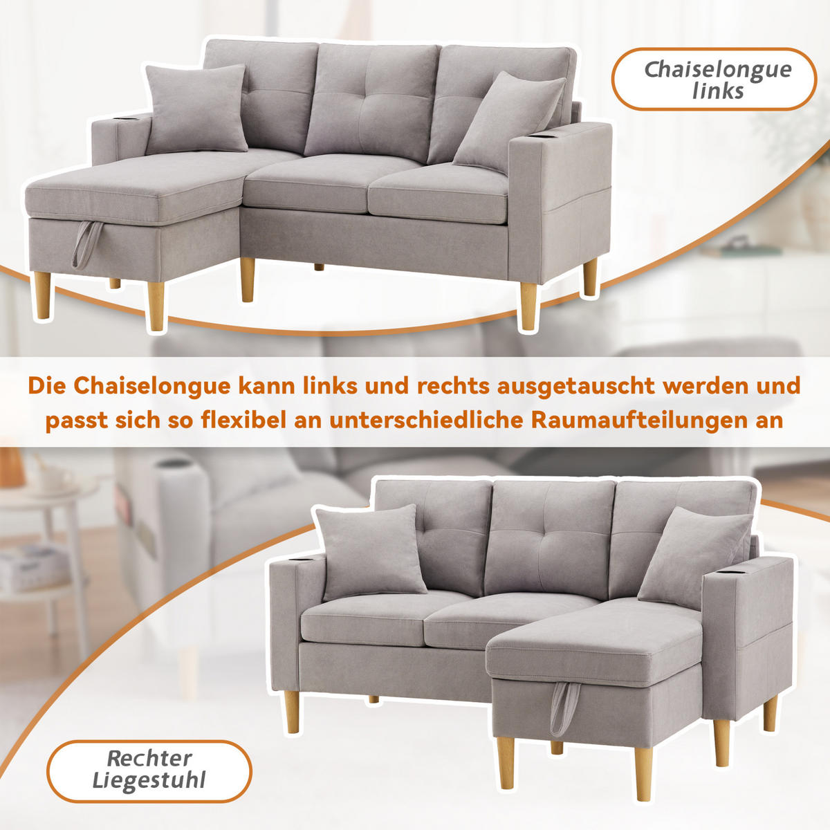 ECKSOFA Baumwolle-Leinen mit Stauraum und Getränkehaltern 175/129/90 cm Hellgrau mit 2 Kissen - Hellgrau, Textil (175/129cm) - Redom