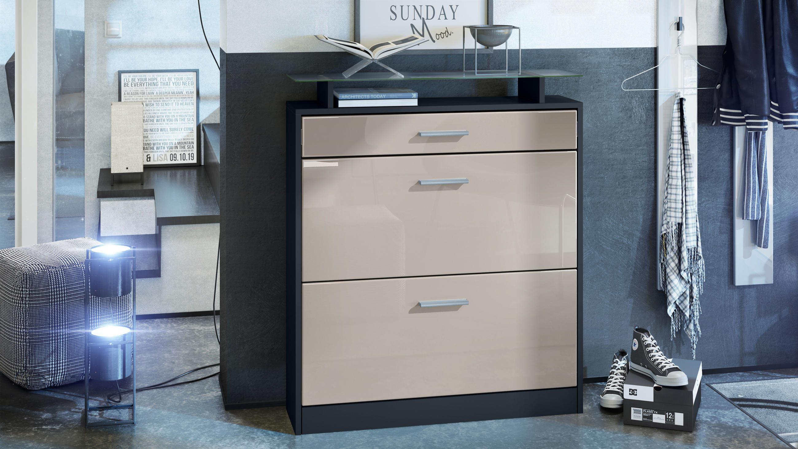 SCHUHSCHRANK Loret Front in Sandgrau Hochglanz - Sandfarben, Holzwerkstoff (89/104/23cm) - Vladon