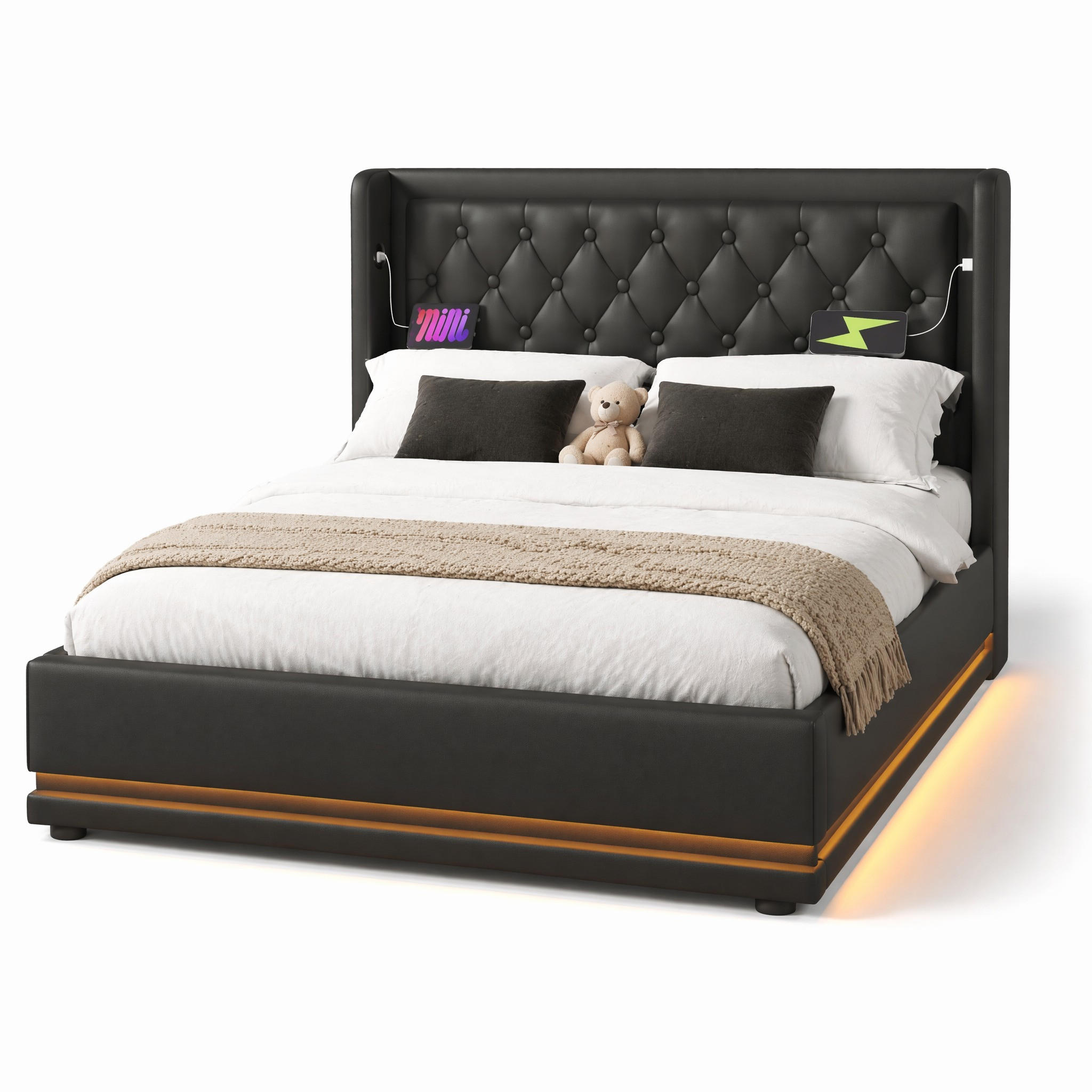 POLSTERBETT 140/200 cm in Schwarz mit Bettkasten, LED, USB und Type-C Kunstleder Flügelkopfteil-Design - Schwarz, Holzwerkstoff/Textil (140/200cm) - STILVORA