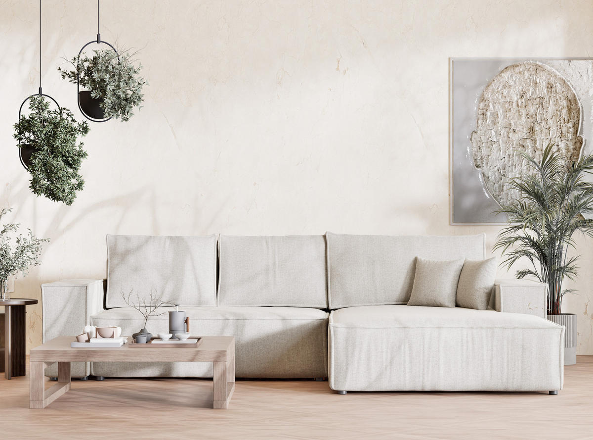 ECKSOFA Maze Hellbeige Webstoff - Rechts Seite - Creme/Schwarz, Holz/Holzwerkstoff (294/185cm) - Maison de Reve