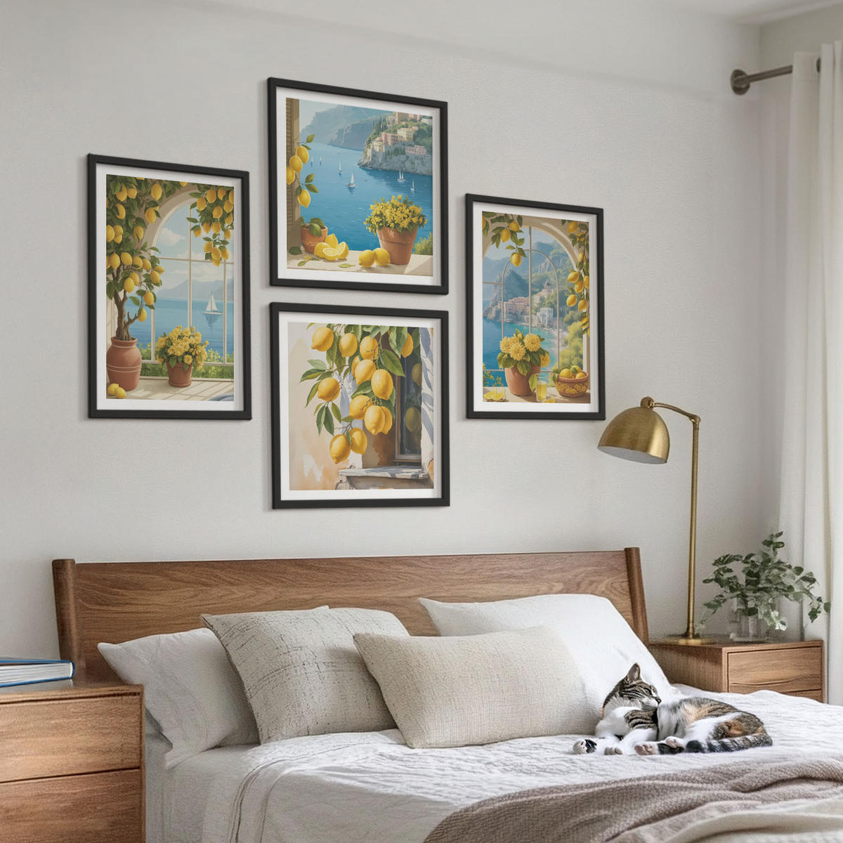 BILDER SET 4er Set - 50x50 cm & 40x60 cm Schwarzer Rahmen - Meereslandschaften, Zitronen, Fenster - Schwarz, Kunststoff (50/50cm) - TULUP