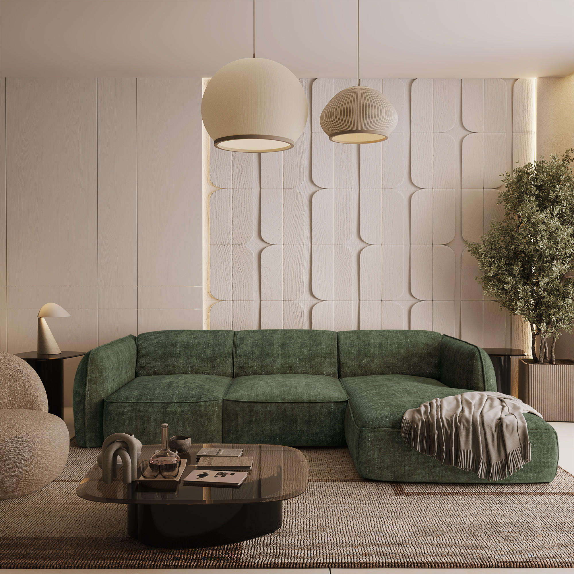 ECKSOFA RECHTS Rastervelours Olivgrün 272cm - Olivgrün, Textil (272/165cm) - Sia Home