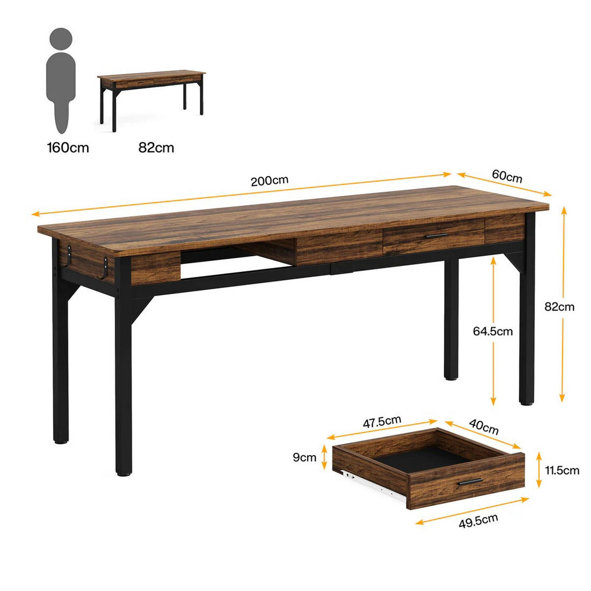 DOPPELSCHREIBTISCH 200 x 60 x 82 cm Holzoptik Rustic Brown mit 2 Schubladen - Schwarz, Metall (200/60/82cm) - Meubliv