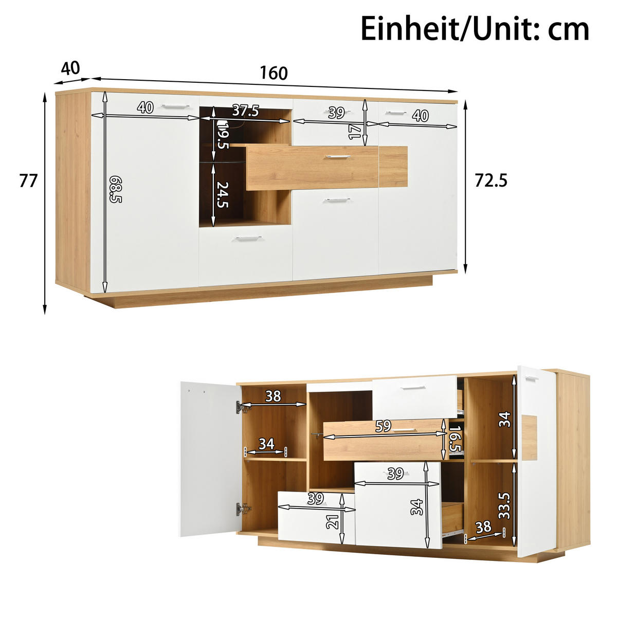 SIDEBOARD 160/40/77 cm, 2 Türen und 4 Schubladen, Holzoptik/Weiß mit einstellbarer 16-farbiger LED，Naturfarben - Naturfarben, Holzwerkstoff (160/77/40cm) - Redom