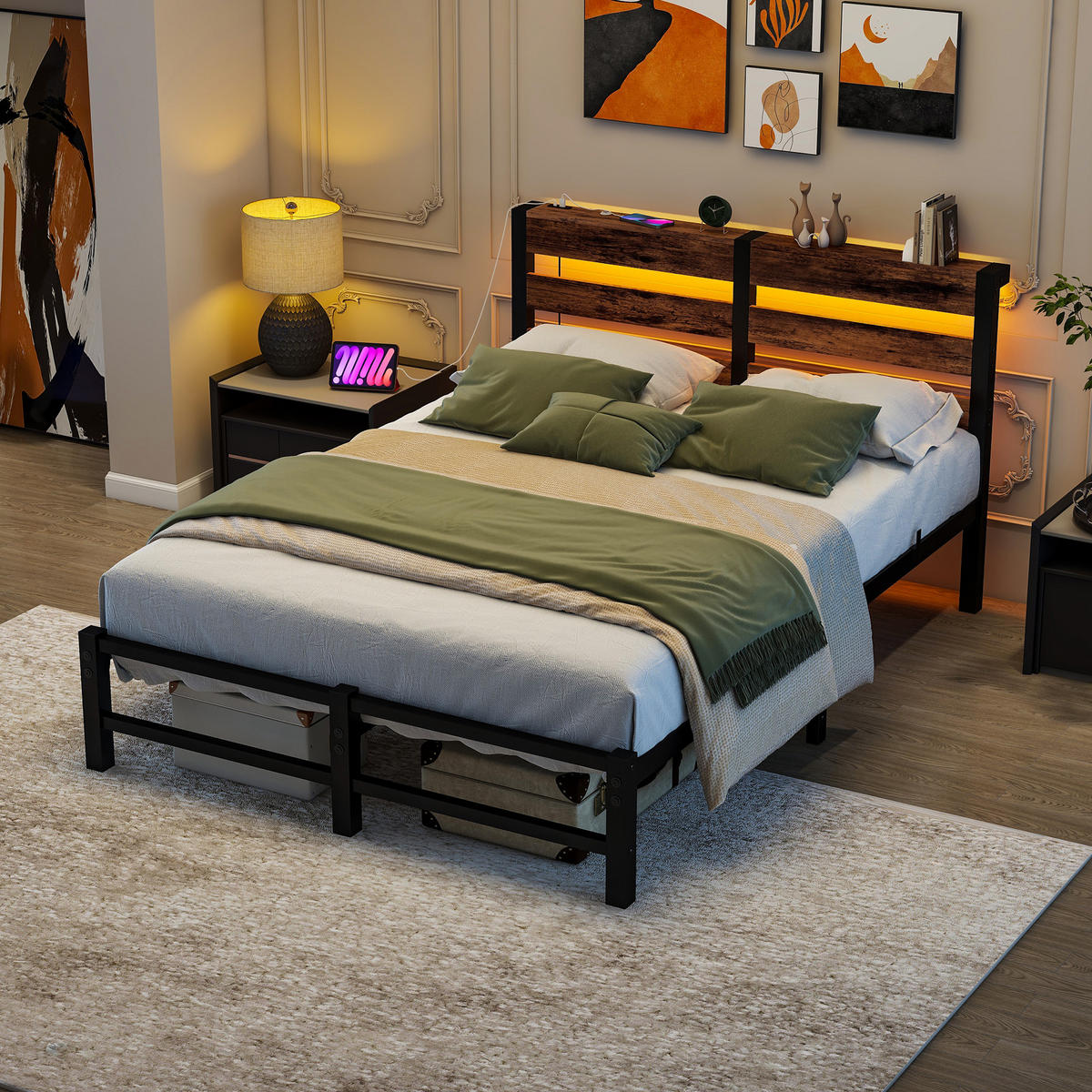 METALLBETT 120x200 cm LED USB Stauraum - Schwarz, Metall (120/200cm) - Fortuna Lai