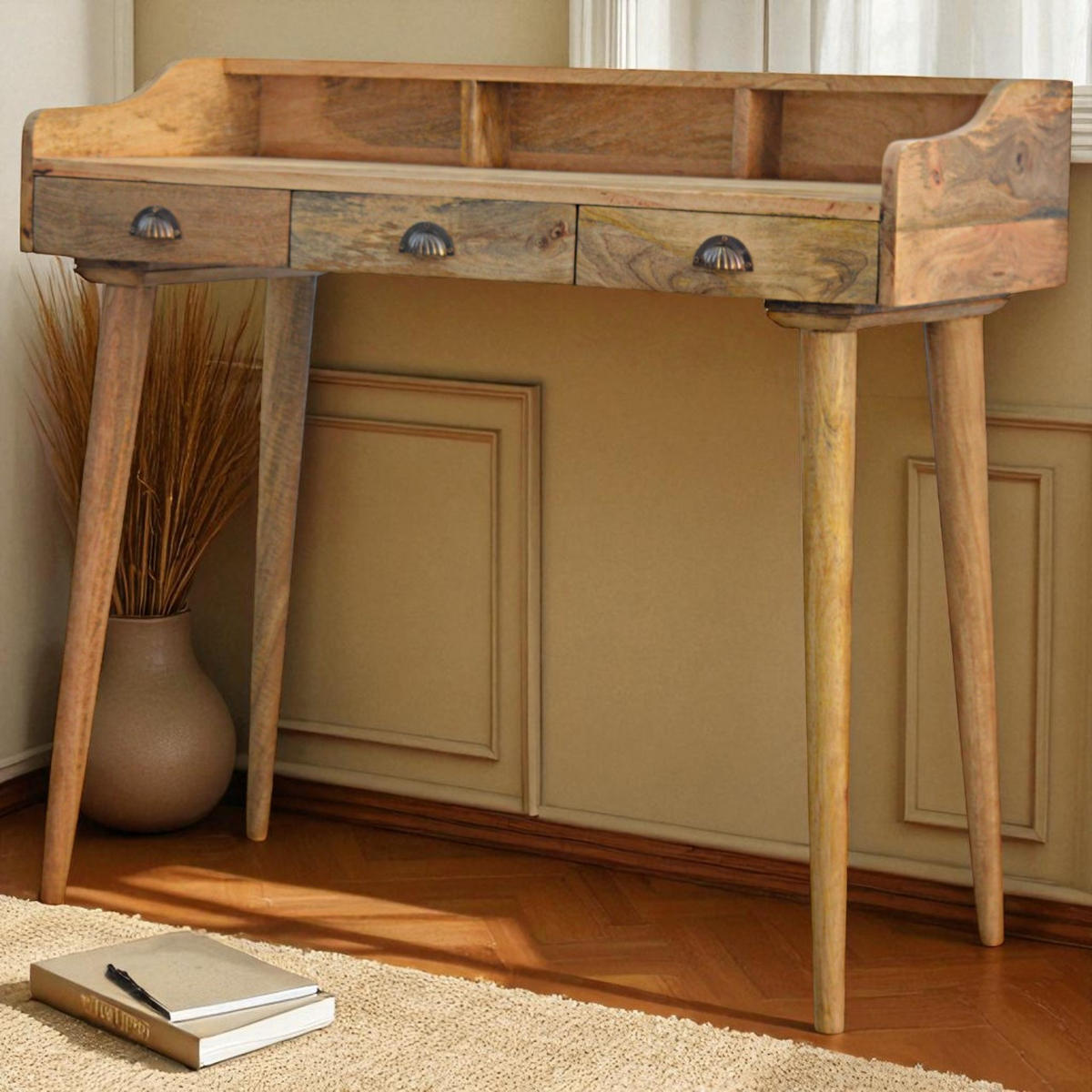 SCHREIBTISCH mit 3 Schubladen, Nordische Beine, Beige - Messingfarben/Braun, Holz/Metall (45/100/90cm) - Artisan Furniture