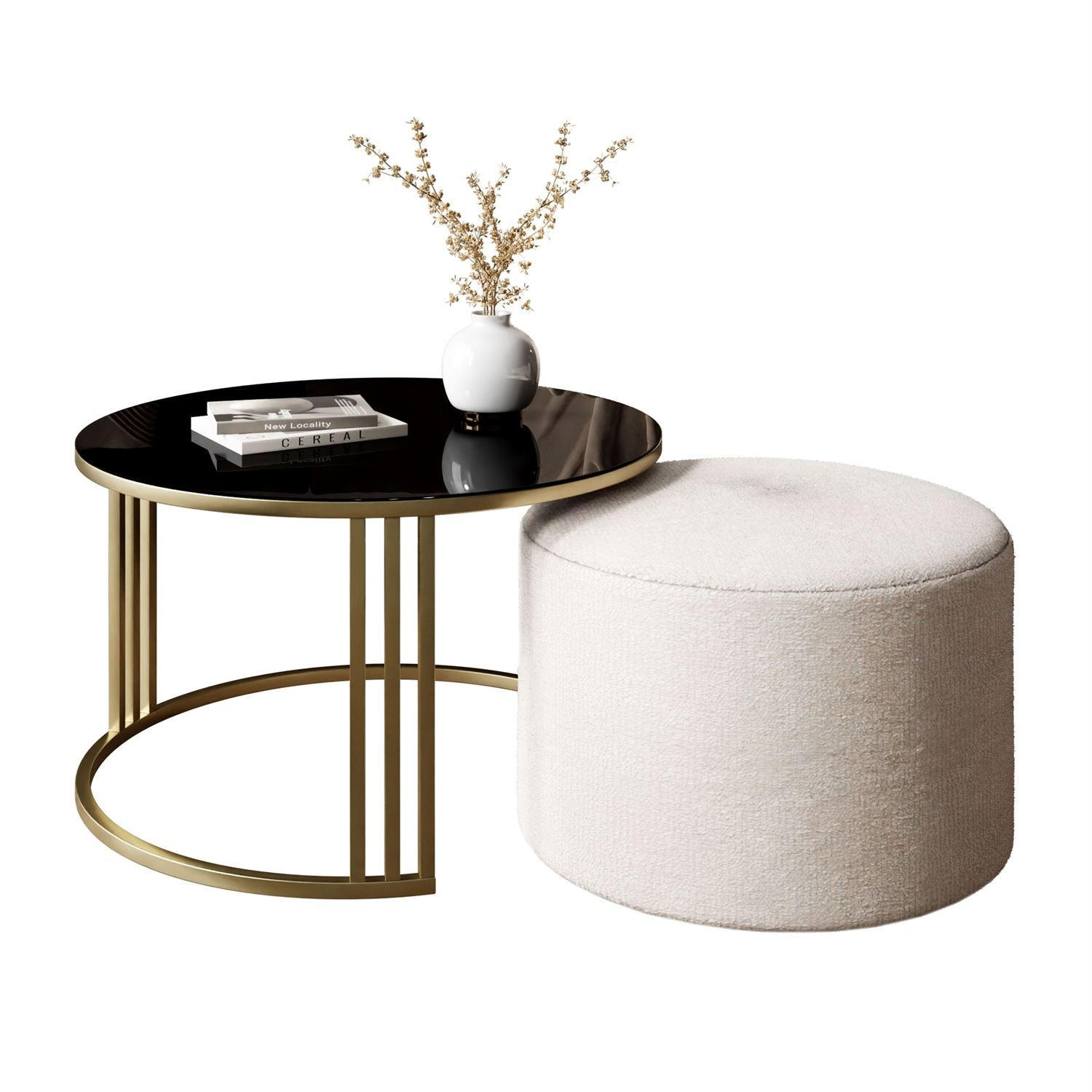 COUCHTISCH mit Hocker LORI GLASS gebürstetes Gold/schwarzes Glas/Perfect Harmony 01 - Weiß, Metall (70/70/49cm) - Lookway