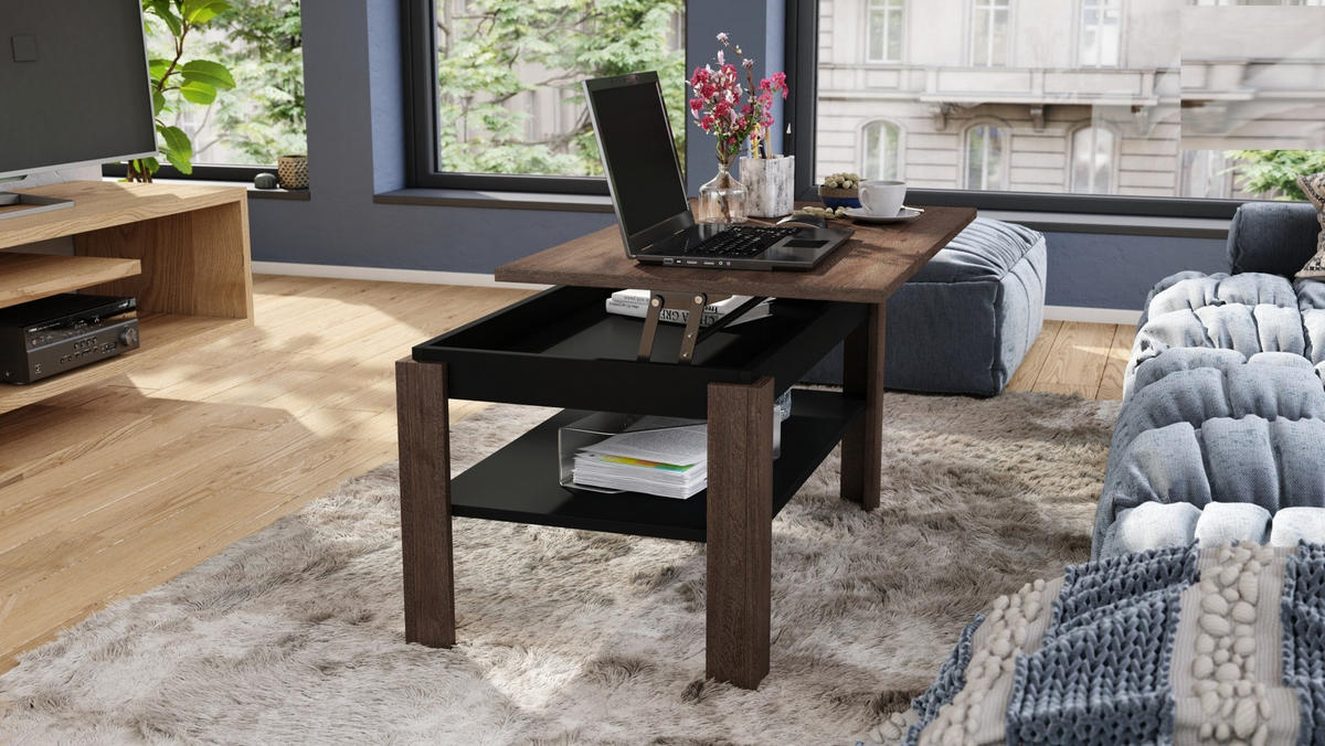 COUCHTISCH rechteckig Eiche Dunkel Schwarz höhenverstellbar 100/60/55 cm - Dunkelbraun/Schwarz, Holzwerkstoff (60/100/55cm) - designimpex