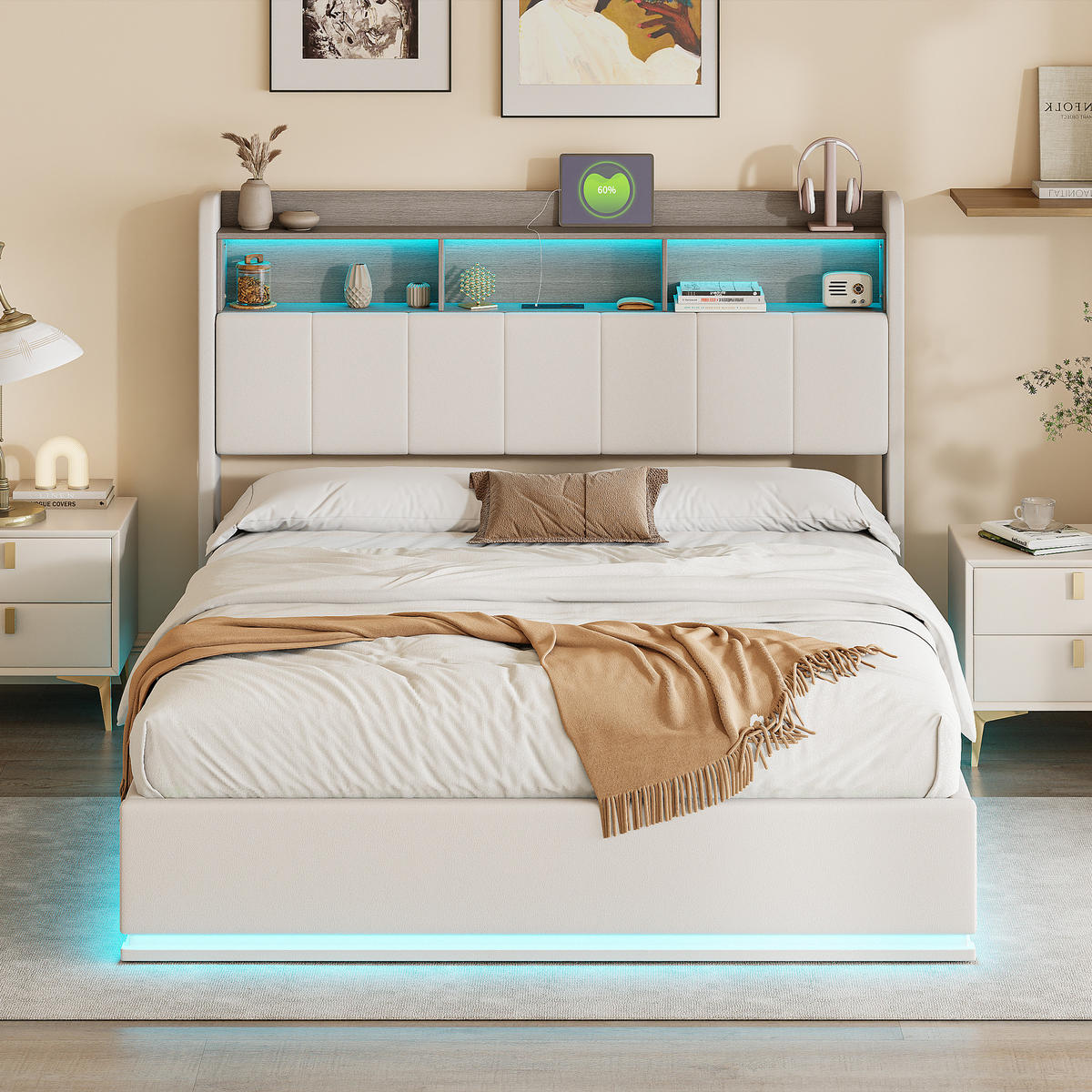 POLSTERBETT 140x200 cm, Weiß, LED-Beleuchtung und USB, Samt - Weiß, Textil/Metall (140/200cm)