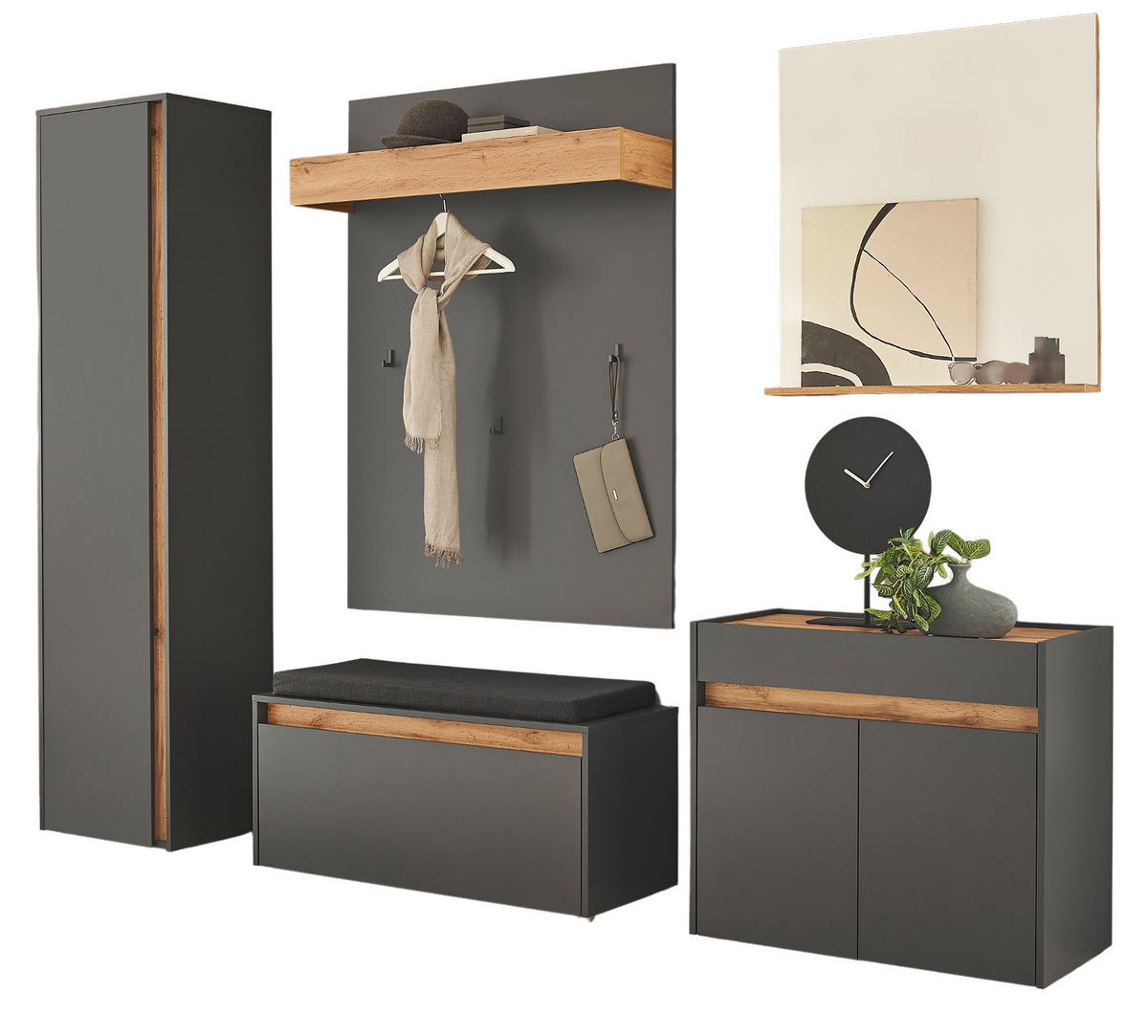 GARDEROBEN-SET 6-teilig grau, Eiche Wotan, Garderobenkombination, viel Stauraum - Silberfarben/Eiche Wotan, Glas/Holzwerkstoff (260/200/40cm) - Furn.Design