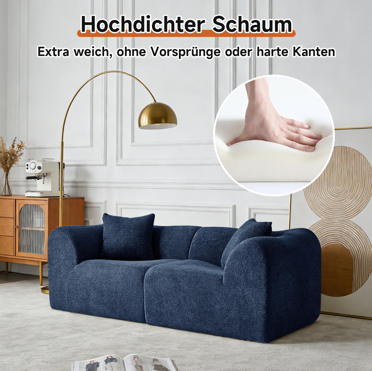 2-SITZER 193/87/67 cm blau aus Samt mit 2 Kissen - Blau, Textil (87/67/193cm) - OKWISH