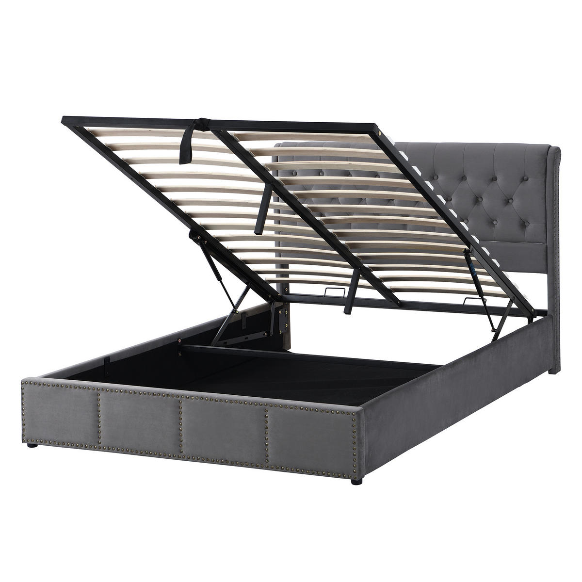 POLSTERBETT 140/200 cm Grau mit Hydraulikbettkasten und Nietenverzierung - Grau, Textil (140/200cm) - OKWISH