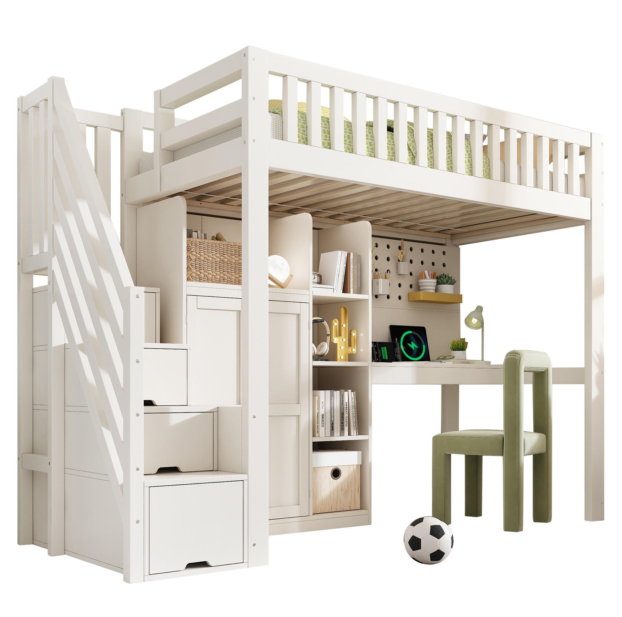 HOCHBETT 90/200 cm Weiß mit Schreibtisch, Kleiderschrank und USB-/Type-C-Anschlüssen - Weiß, Holzwerkstoff (90/200cm) - Flora Grace