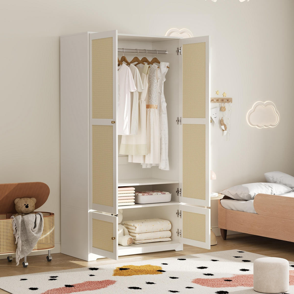 KLEIDERSCHRANK 90/180/48 cm Weiß aus MDF mit Rattantüren - Weiß, Holzwerkstoff (48/180/90cm) - OKMYHOME