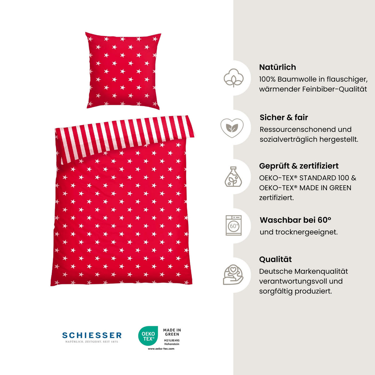 BETTWÄSCHESET Sterne - Feinbiber - 2-teilig - 155 x 220 cm - Rot - Rot, Textil (155/220cm) - SCHIESSER