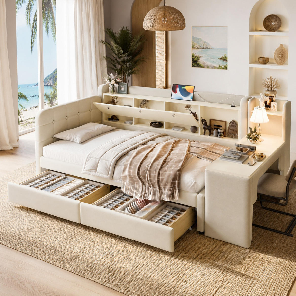 POLSTERBETT 90/200 mit Schreibtisch, 2 Schubladen, USB-C, Ablagefach und Lattenrost in Beige - Beige, Holzwerkstoff/Textil (90/200cm) - EVRYAE