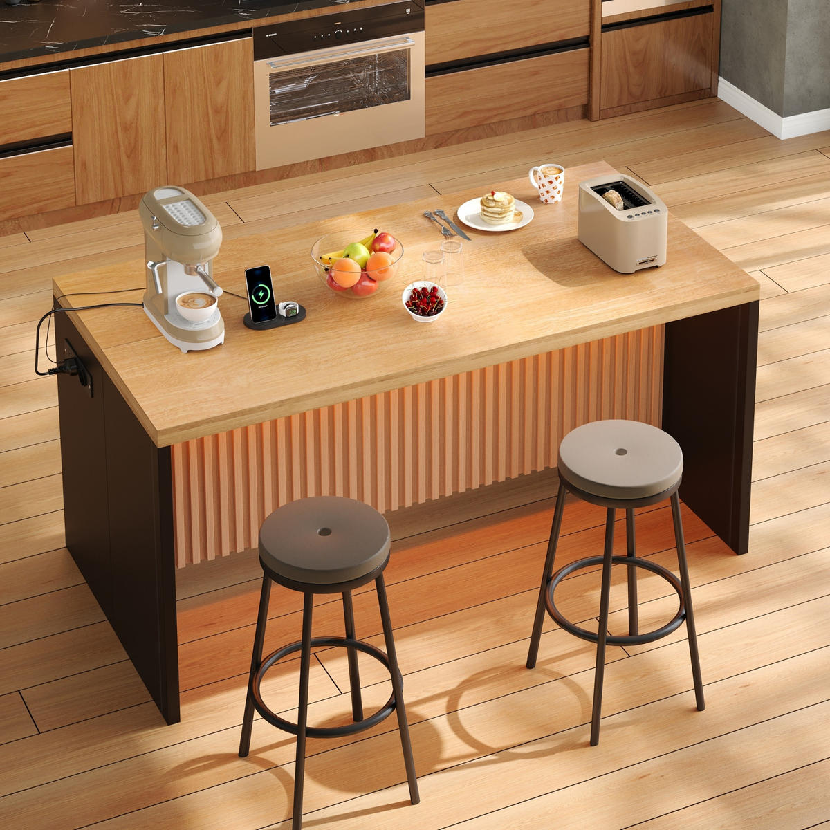 KÜCHENINSEL 155/80/90 cm Natürlich mit LED-Leuchten, 2 Steckdosen und 2 USB-Anschlüsse - Naturfarben, Holz/Holzwerkstoff (80/90/155cm) - Oxeza