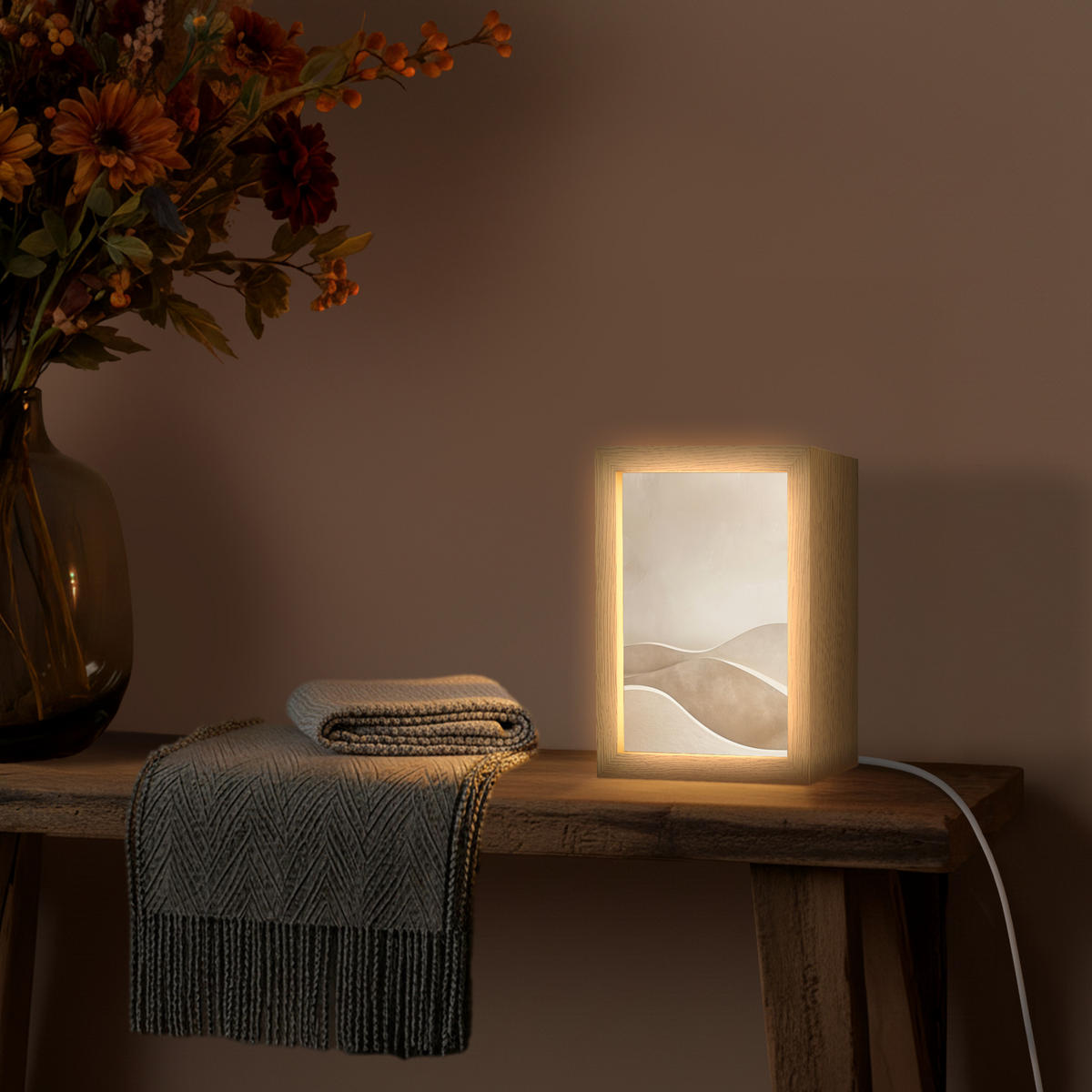 STOLNÍ LAMPA Béžová - Příroda - Abstraktní - Moderní 15x20 cm - šampaňská, kompozitní dřevo (8/15/20cm) - OnlyWow