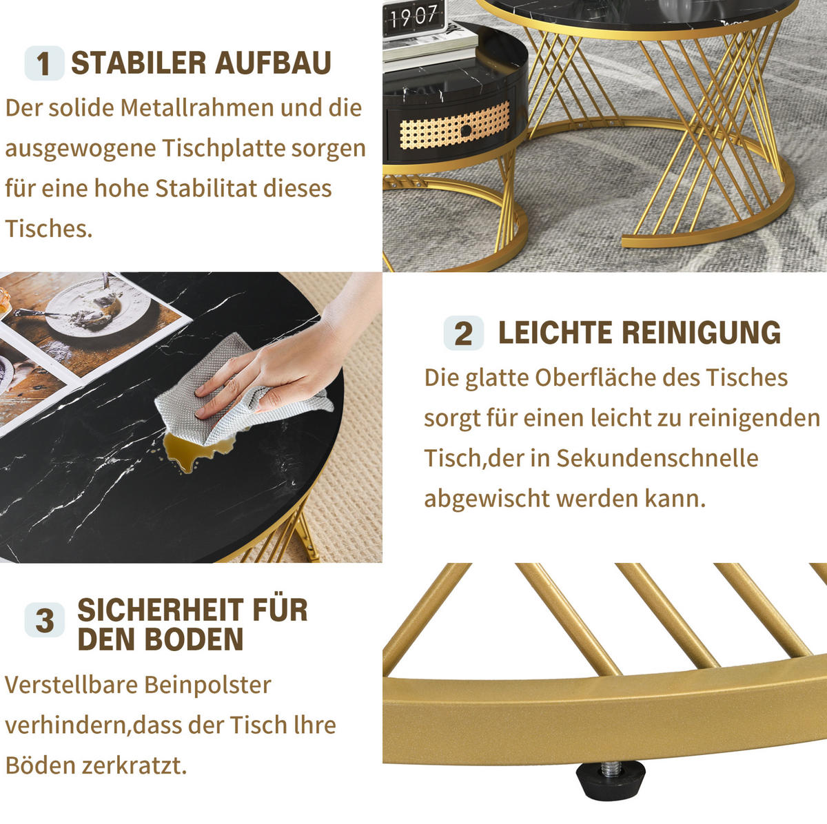 COUCHTISCH aus MDF 70x70x45,5 & 50x50x38,5 cm in Schwarz mit Schublade - Schwarz, Holzwerkstoff (70/70/45.5cm) - Modfu
