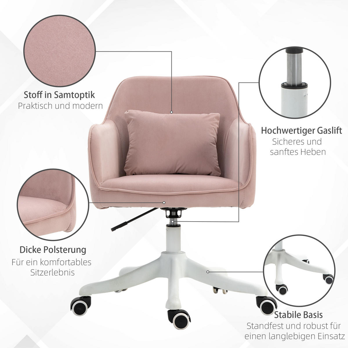 MASSAGE Bürostuhl Drehstuhl Arbeitstuhl mit Vibrationsfunktion Samt Rosa - Rosa, Textil (70/86/57cm) - Vinsetto