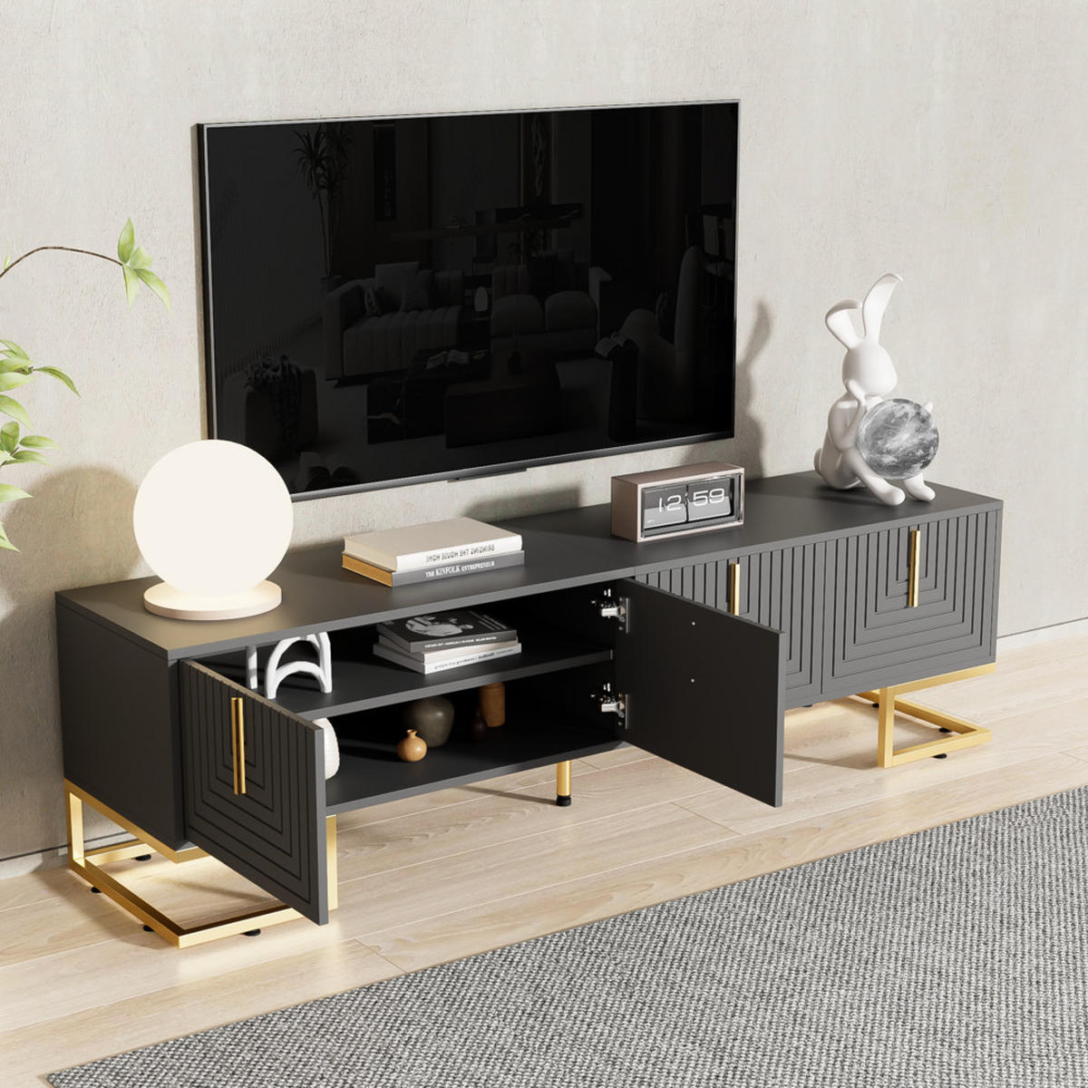 TV-SCHRANK Lowboard Goldene Griffe Füße 70-79 Zoll Schwarz Grau - Grau, Holz (49/13.5/99.5cm) - FLIEKS