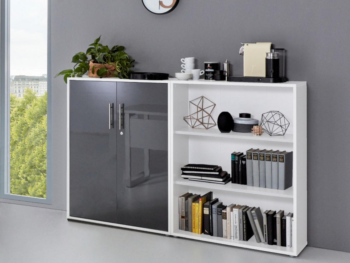 BÜROMÖBELSET 2-tlg. weiß / anthrazit Hochglanz - Anthrazit/Silberfarben, Holz/Kunststoff (168.8/113.6/33cm)