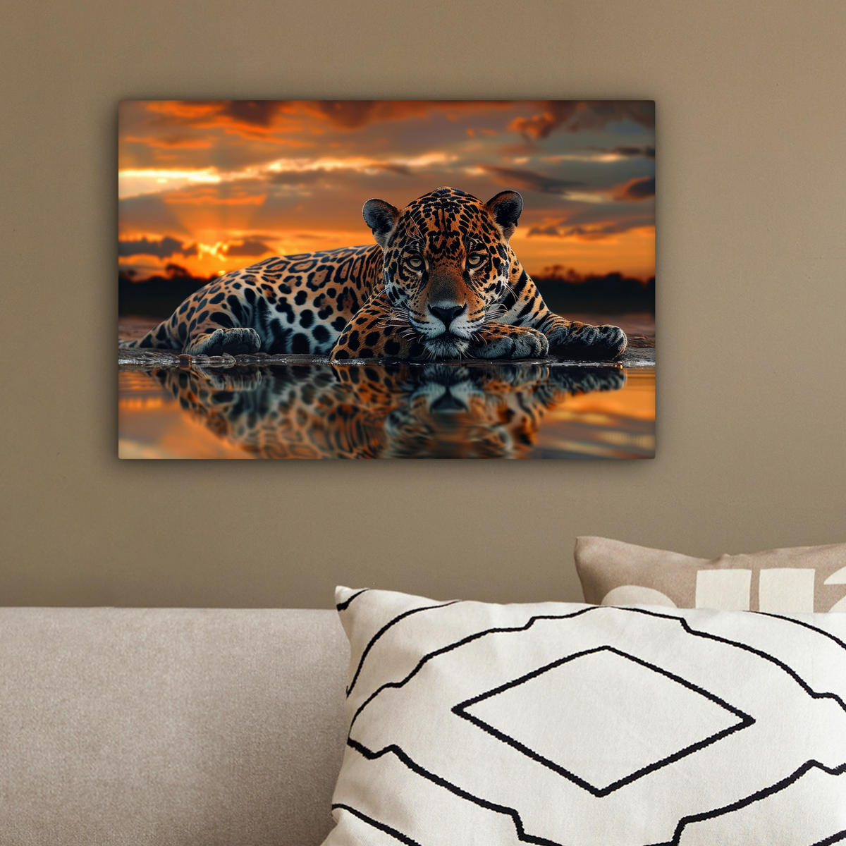 LEINWANDBILD Natur - Leopard - Tier - Sonnenuntergang - Modern 30x20 cm - Orange, Textil (30/20cm) - MuchoWow