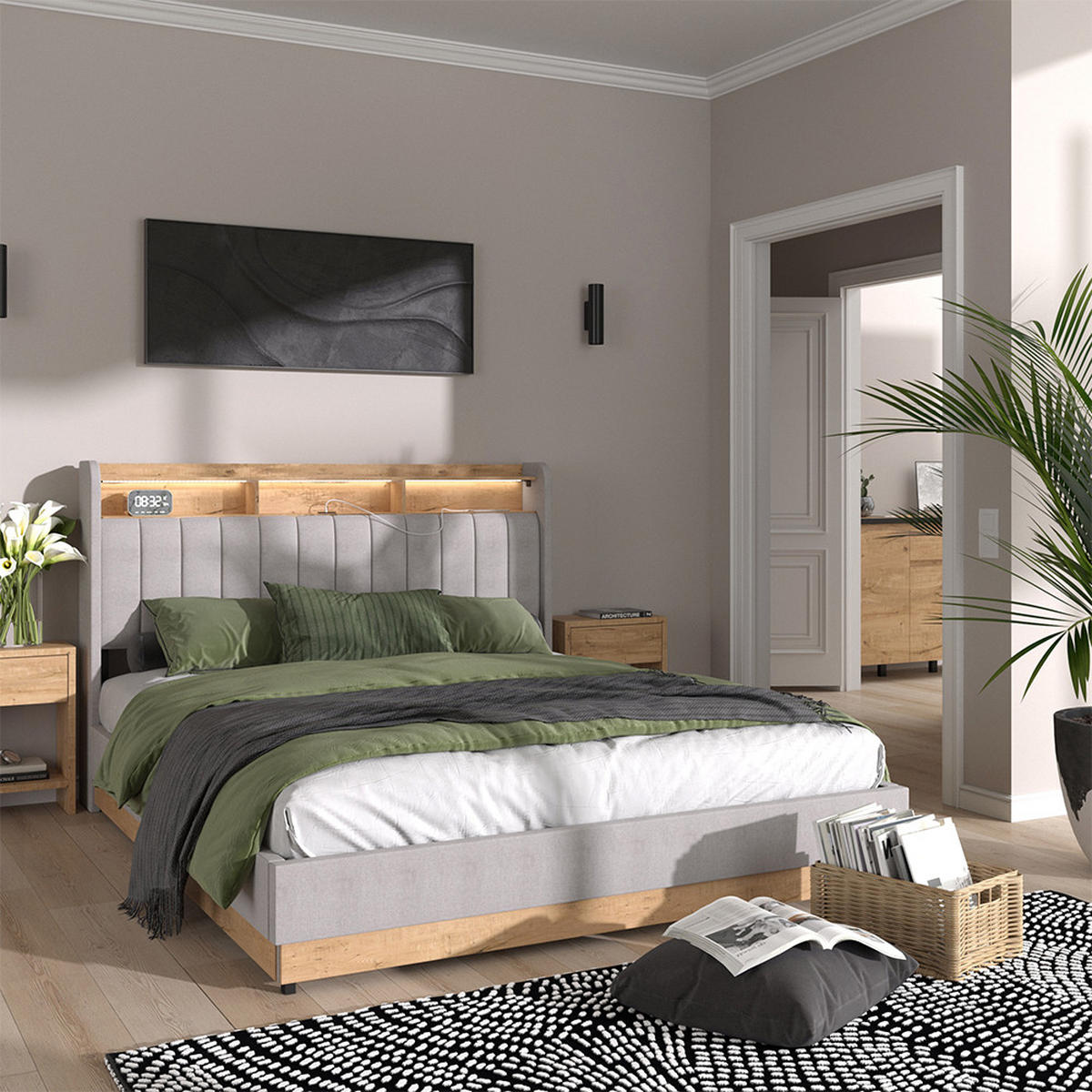 ČALOUNĚNÁ POSTEL Nura Šedá - šedá/barva dubu, kompozitní dřevo - VitaliSpa