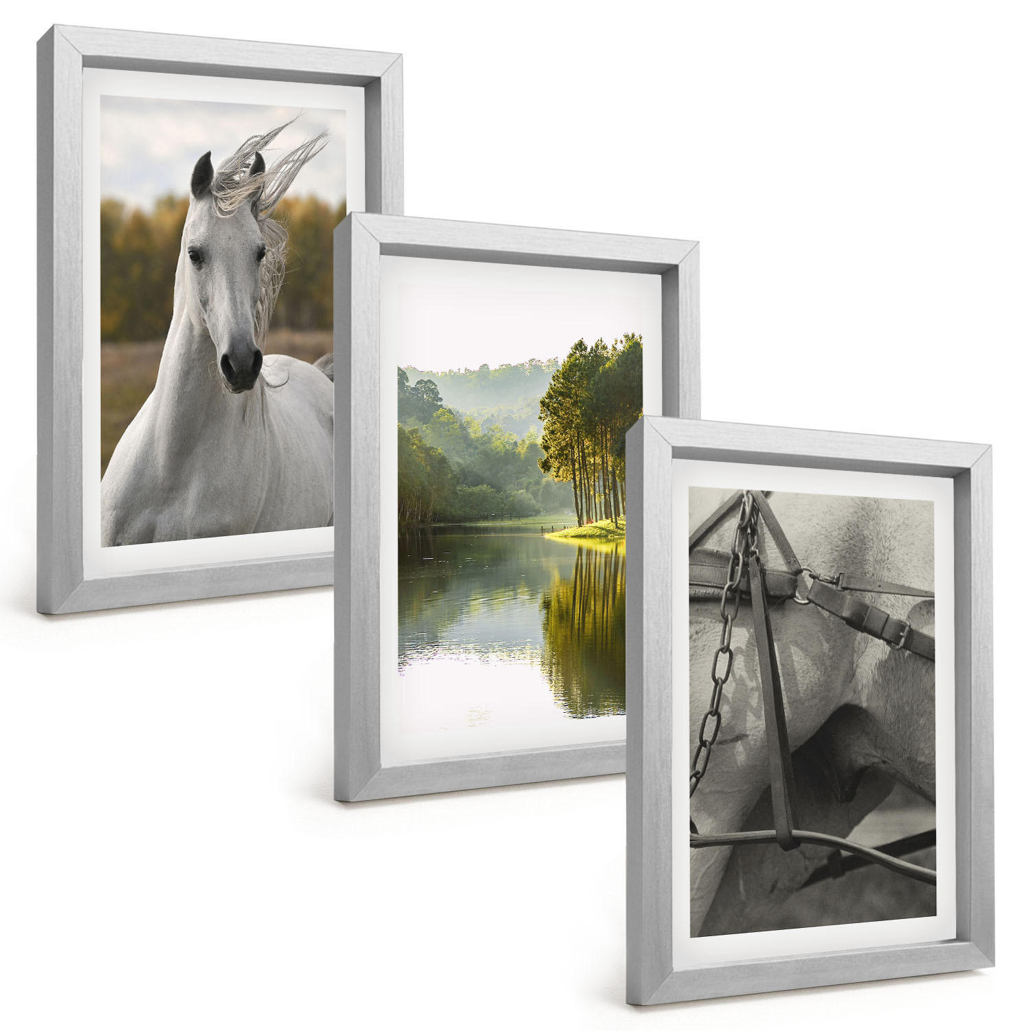 BILDER SET 3er Set - 20x30 cm Silberner Rahmen - Natur des Flusses White Horses - Silberfarben, Kunststoff (20/30cm) - TULUP