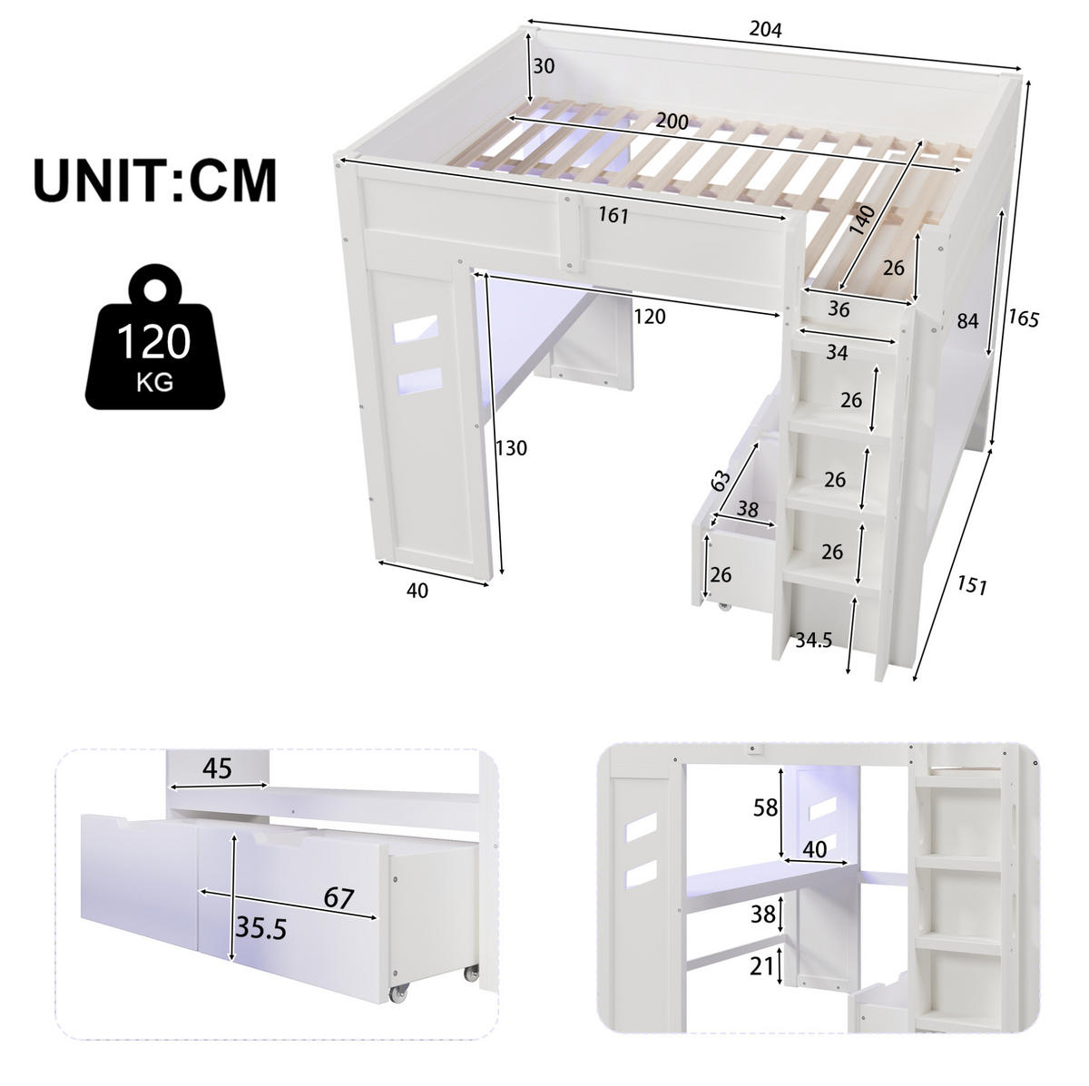HOCHBETT mit Schreibtisch 140/200 cm in Weiß – mit LED und USB-/Typ-C-Anschluss - Weiß, Holz (140/200cm) - BEAOK
