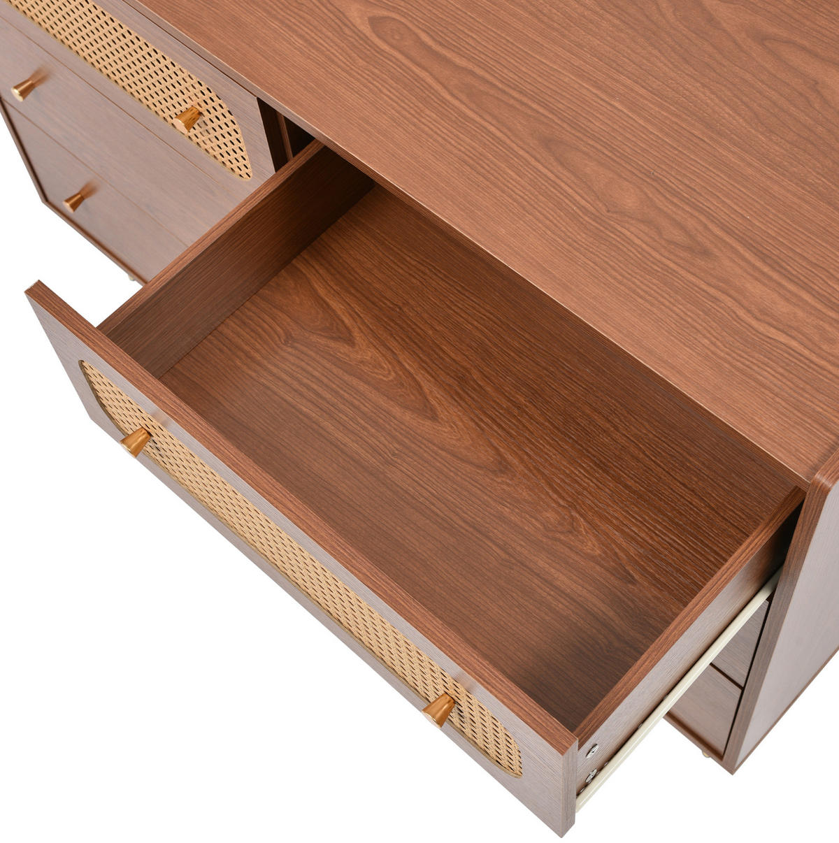 KOMMODE aus Spanplatte und Metall 120x40x90 cm Nussbaum mit 6 Schubladen und Rattanfronten - Nussbaumfarben, Holzwerkstoff (40/90/120cm) - IVMEU