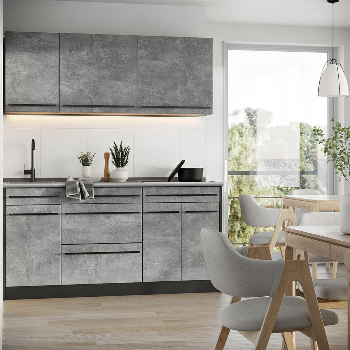 SINGLEKÜCHE R-Line, Beton/Anthrazit, 160 cm Arbeitsplatte Goldkraft Eiche - Anthrazit/Grau, Holzwerkstoff (160/81.6/60cm) - Vicco