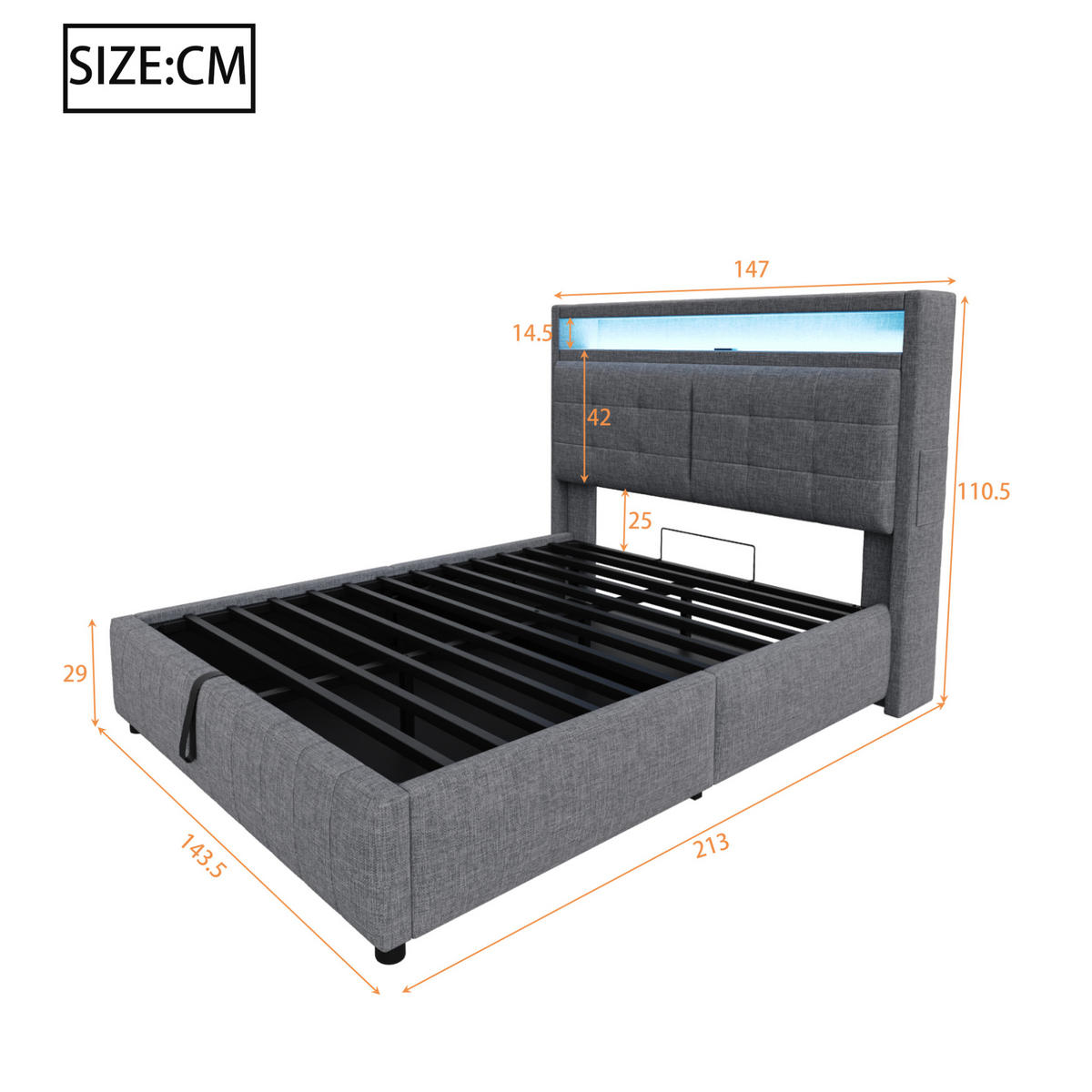 ČALÚNENÁ posteľ z ľanovej látky 140x200 cm sivá s LED osvetlením, USB portom a hydraulickým úložným priestorom - sivá, textil (140/200cm) - Modfu