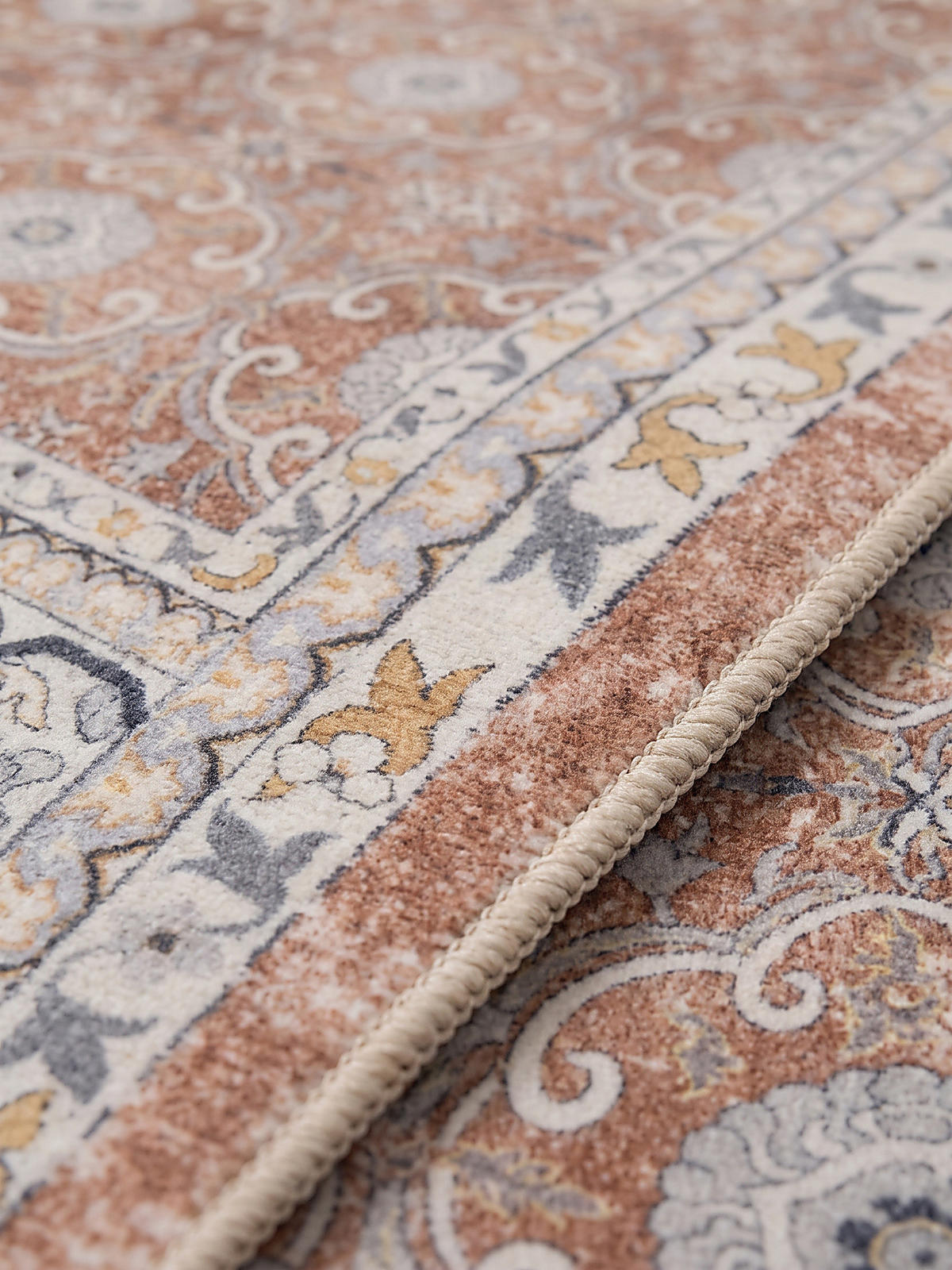LÄUFER waschbar, mit floralen Ornamenten, VERNANTE in Terrakotta-Creme, 80 x 150 cm - Rot, Textil (80/150cm) - KADIMA DESIGN