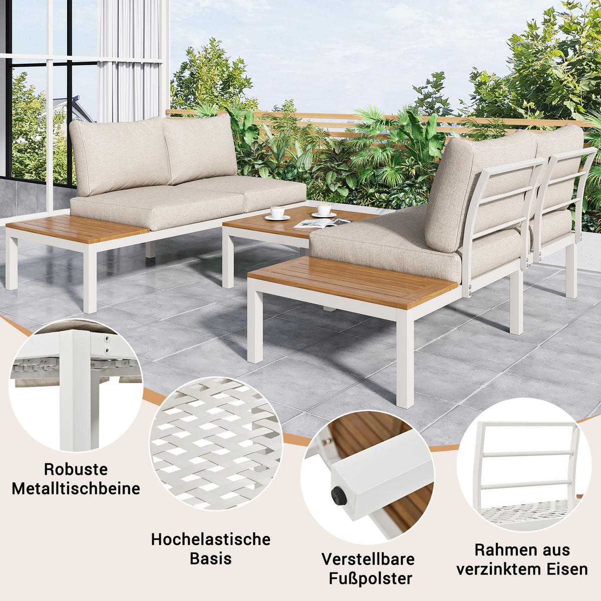 LOUNGESET 5-tlg. Beige 2x Zweisitzer 2x Tische 1x Tisch Akazie - Beige, Metall - FLIEKS