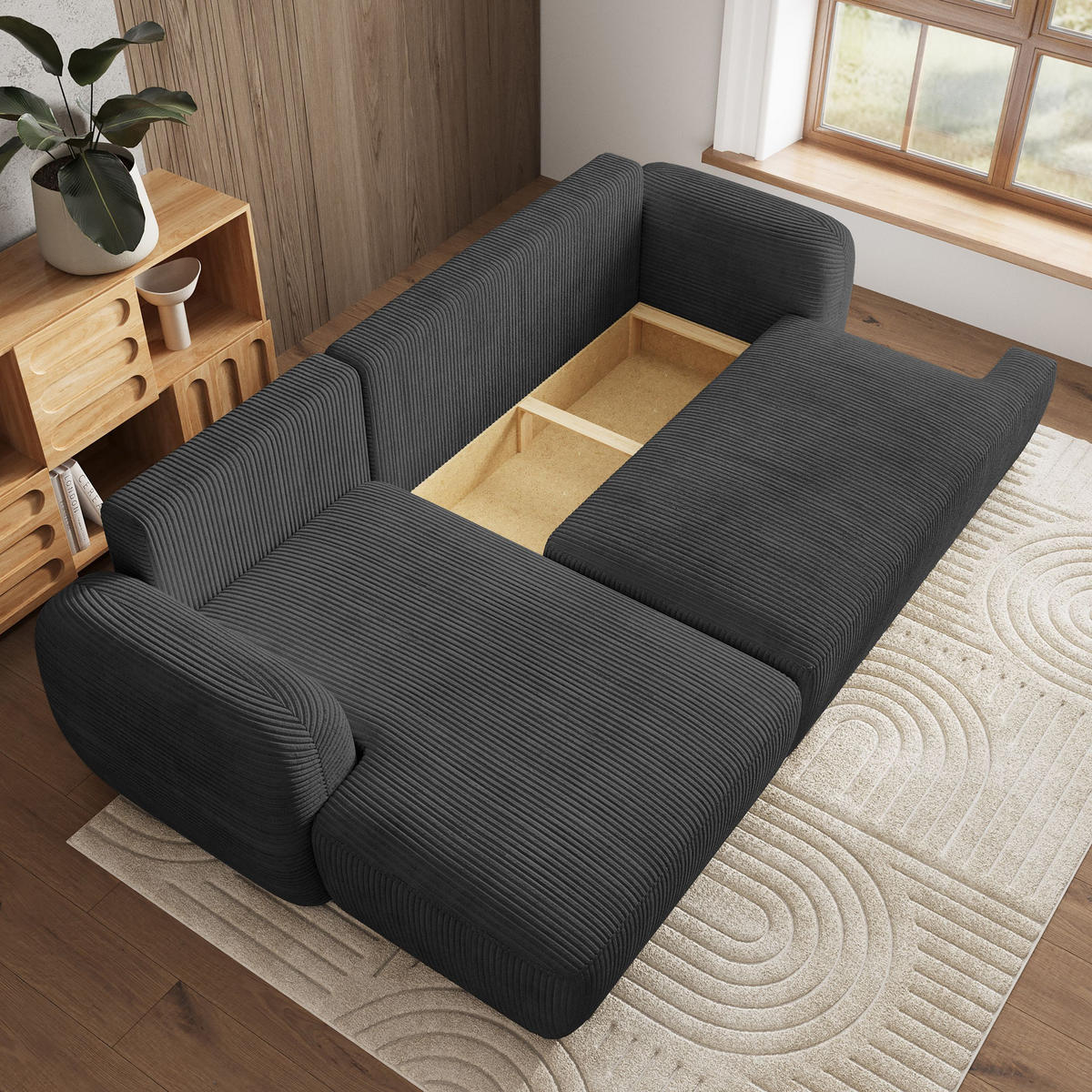 ECKSOFA MODENZA P L-S Graphitfarben Kordstoff mit Schlaffunktion - Graphitfarben, Holz (266/148cm) - MASSENO